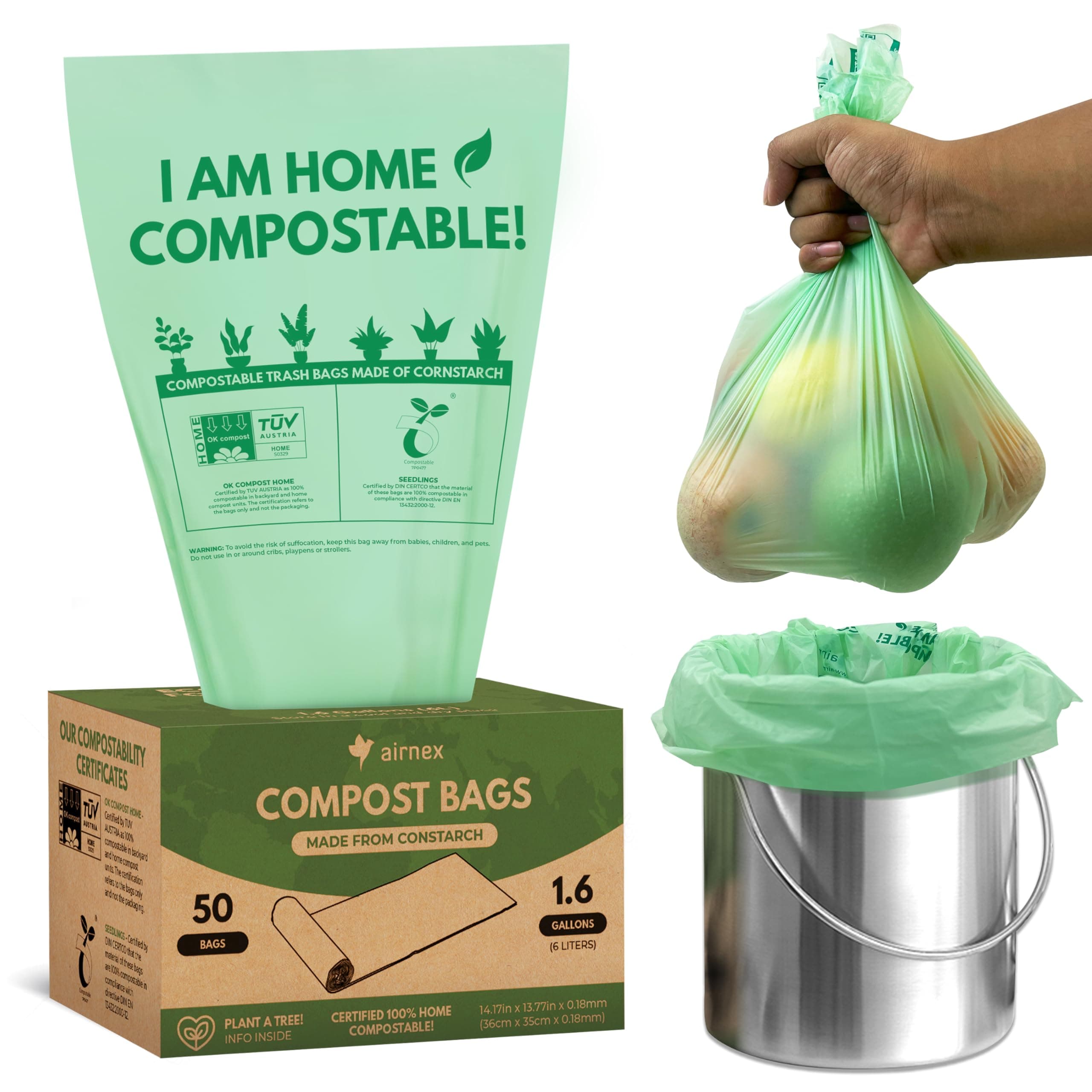 Small Compost Bags 1.6 Gal - 50 Compostable Kitchen Trash Bags for Countertop Bin - Cornstarch Leakproof & Tear-Resistant - OK Compost Home & Seedling Certified 0.18 mm Kitchen Garbage Bags