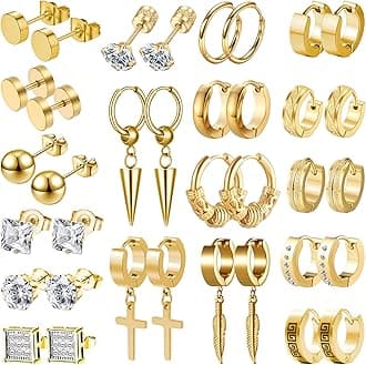 LASPERGLASPERG Earrings for Men, 18 Pairs Mens Earrings Hoop Black Gold Silver Earrings for Men Stainless Steel Stud Cross Dangle Hoop Earrings Set Fashion Piercing Jewelry