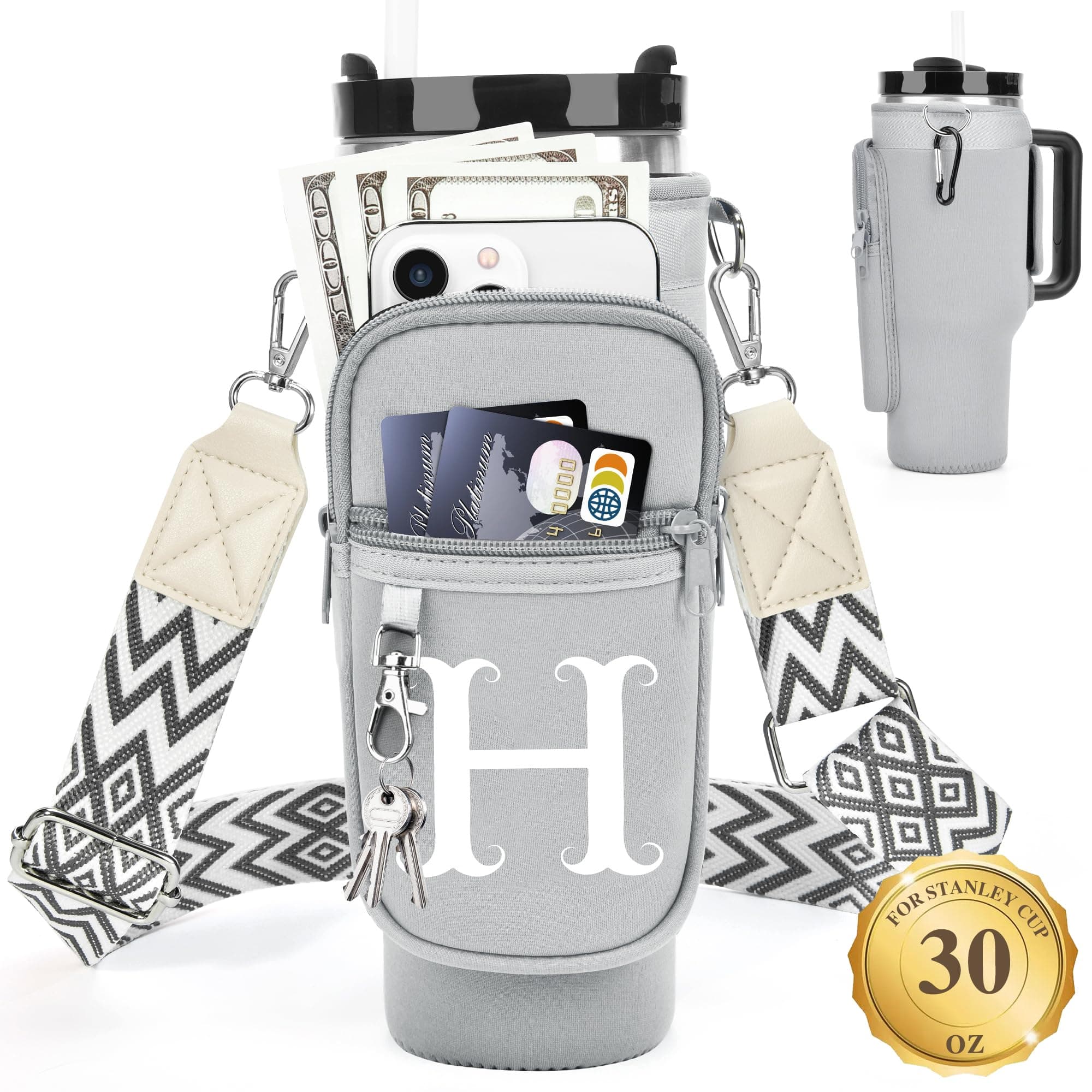 LOKASS Water Bottle Holder with Strap for Stanley Cup 30 oz Tumbler, Personalized Initial Stanley Cup Accessories 30oz, Stanley Cup Carrier Bag for Women, Men, Girls, for Mom