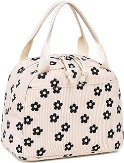 LEDAOU Lunch Box for Women Insulated Lunch Bag Corduroy Lunch Tote Bags Leakproof Cooler Lunch Case for Travel Work Picnic (Black Floral)