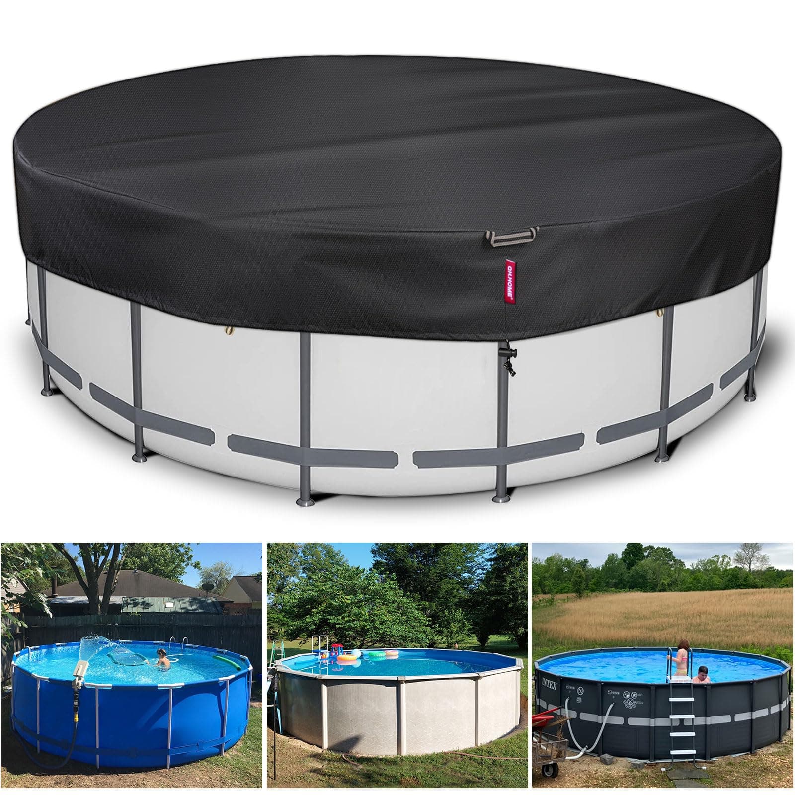QH.HOME 10Ft Round Pool Covers for Above Ground Pools, 500D Heavy Duty Pool Covers with Strong Tear Resistant and Fade Resistant, Swimming Pool Cover with Windproof Strap, Ground Nails, Drawstring