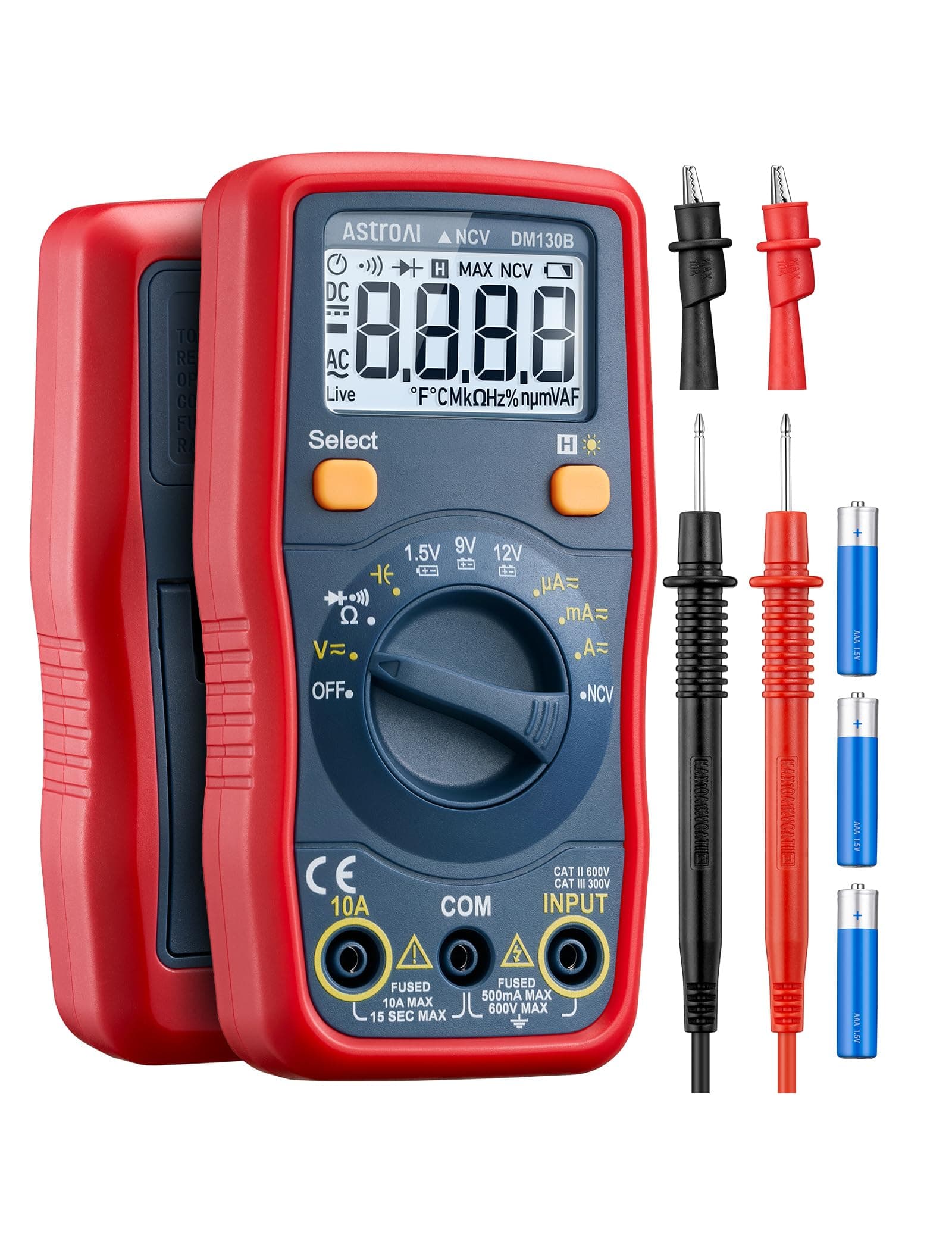 AstroAI Digital Multimeter, 1.5v/9v/12v Battery Voltage Tester Auto-Ranging Voltmeter/Ohmmeter/DMM with Non-Contact Voltage Function, Accurately Measures Voltage Current Amp Resistance Capacitance