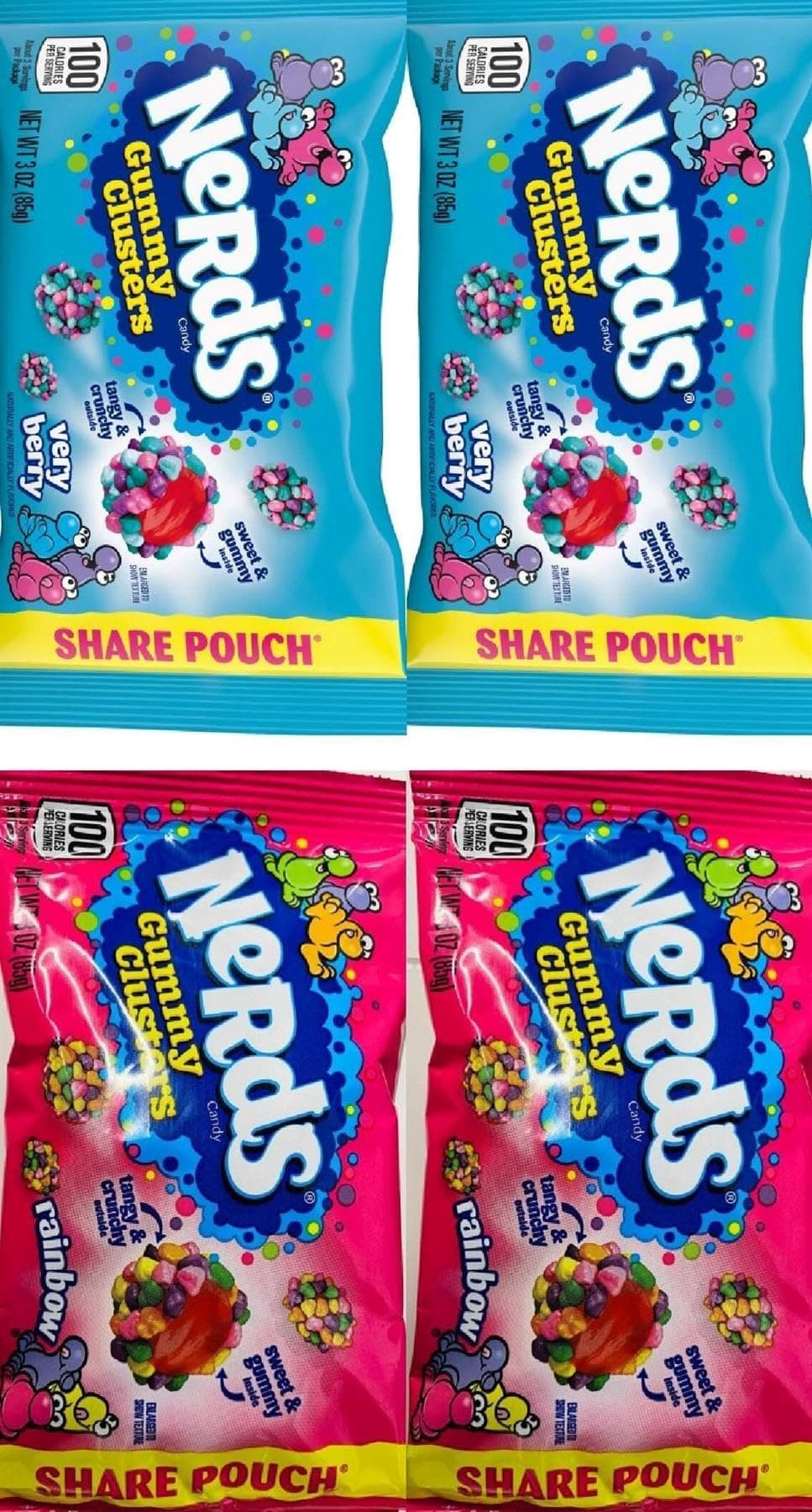 Nerds Gummy Clusters Share Pack 85g (3oz)(Very Berry-2 & Rainbow-2)| | Toatl 4