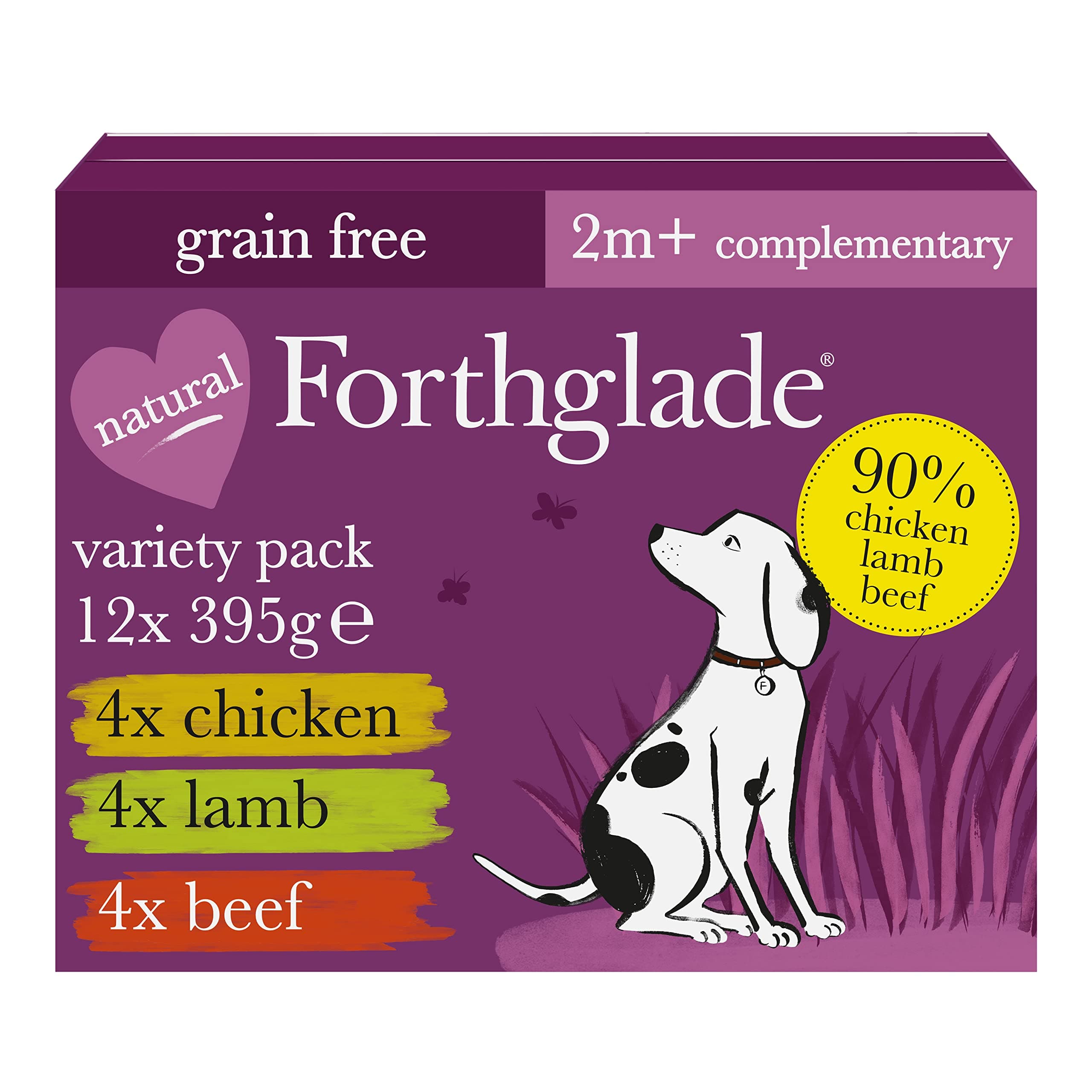 Forthglade Complementary Wet Dog Food Variety Pack (12 x 395g Trays) - Grain Free & Hypoallergenic Dog Food, Just Chicken, Lamb & Beef, 90% Protein Stomach Sensitive with Natural Ingredients