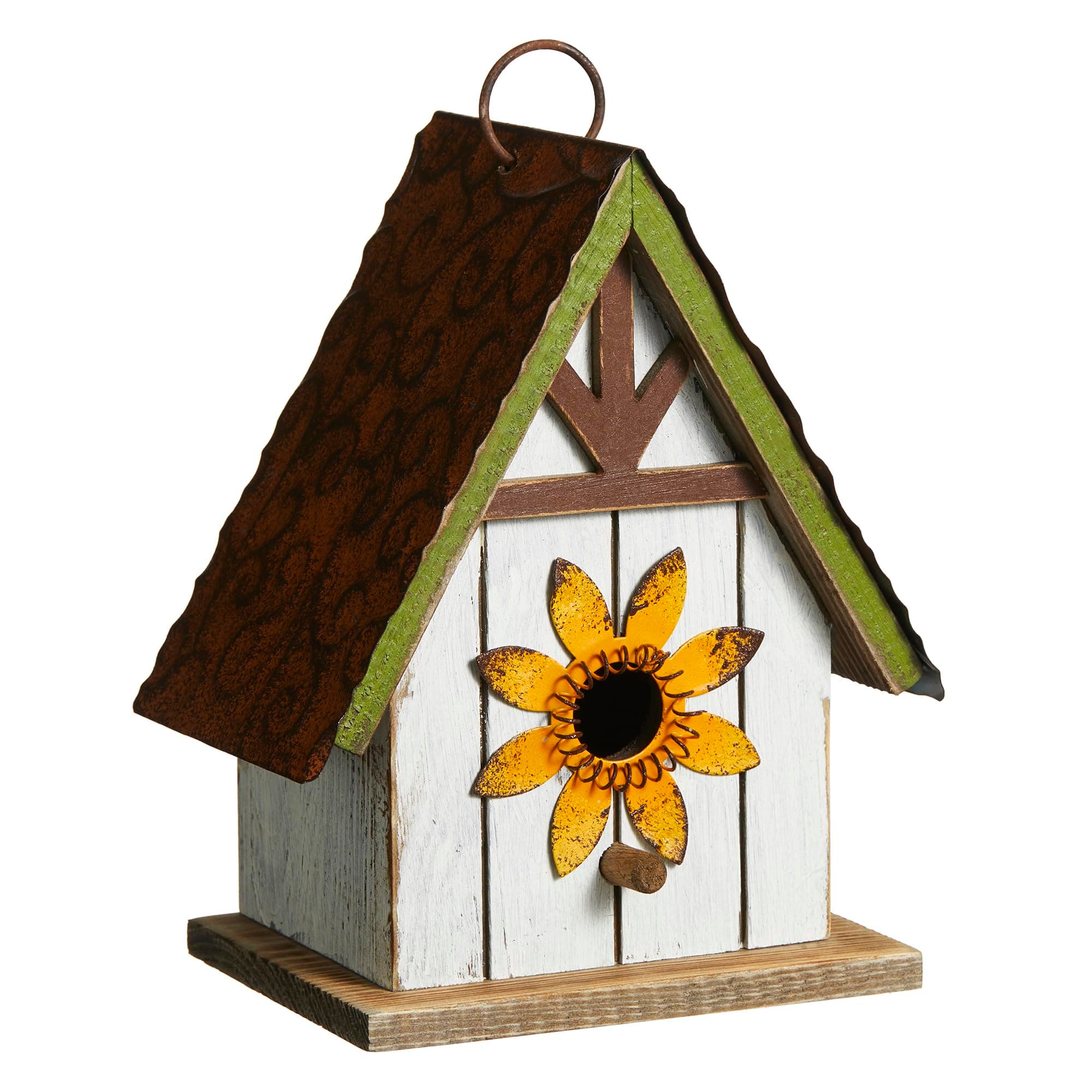 Glitzhome 8.25" H Hanging Birdhouse with 3D Flower Distressed Solid Wood Decorative Garden Bird House for Outdoor