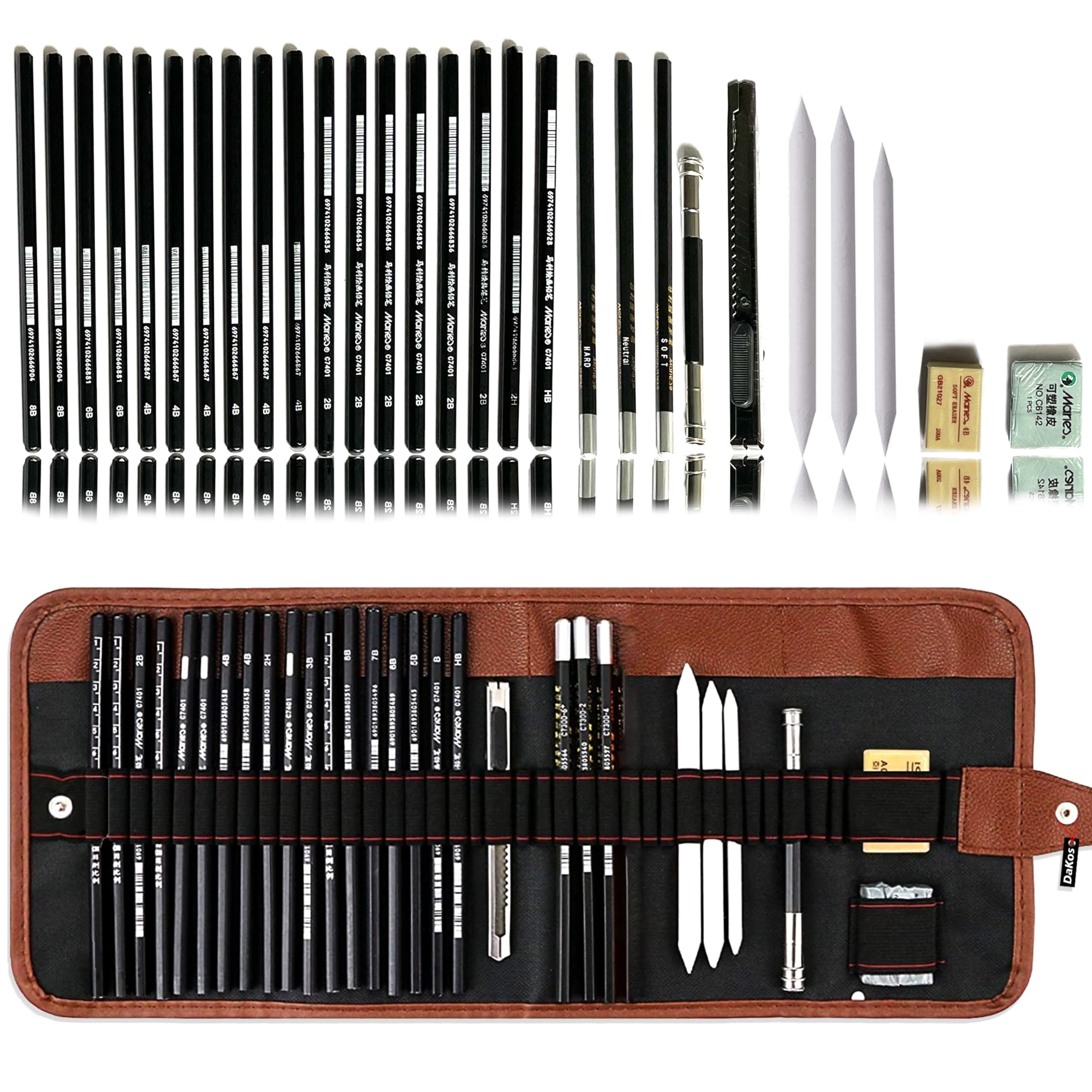 DaKos 29 Pieces Professional Sketching & Drawing Art Tool Kit with Graphite Pencils, Charcoal Pencils, Paper Erasable Pen, Craft Cutter-Lightwish (with Canvas Rolling Pouch)