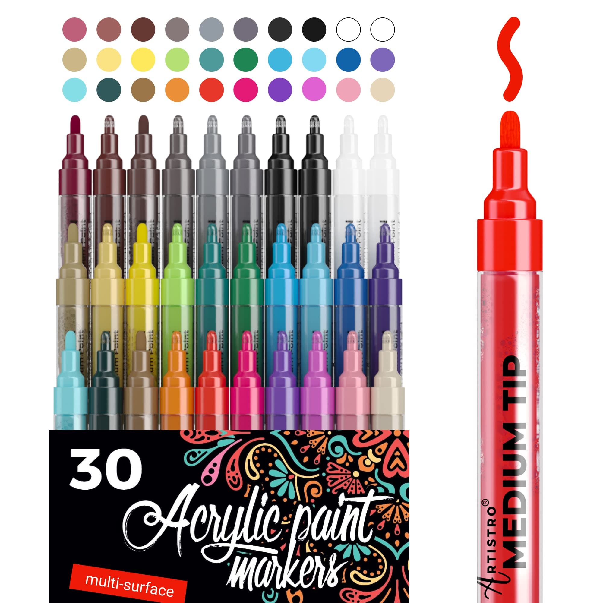 Acrylic Paint Pens – 30 Acrylic Paint Markers Medium Tip (2mm) - Great for Rock Painting, Wood, Fabric, Card, Paper, Photo Album, Ceramic & Glass - 28 Colors + Extra Black & White Paint Marker Set.