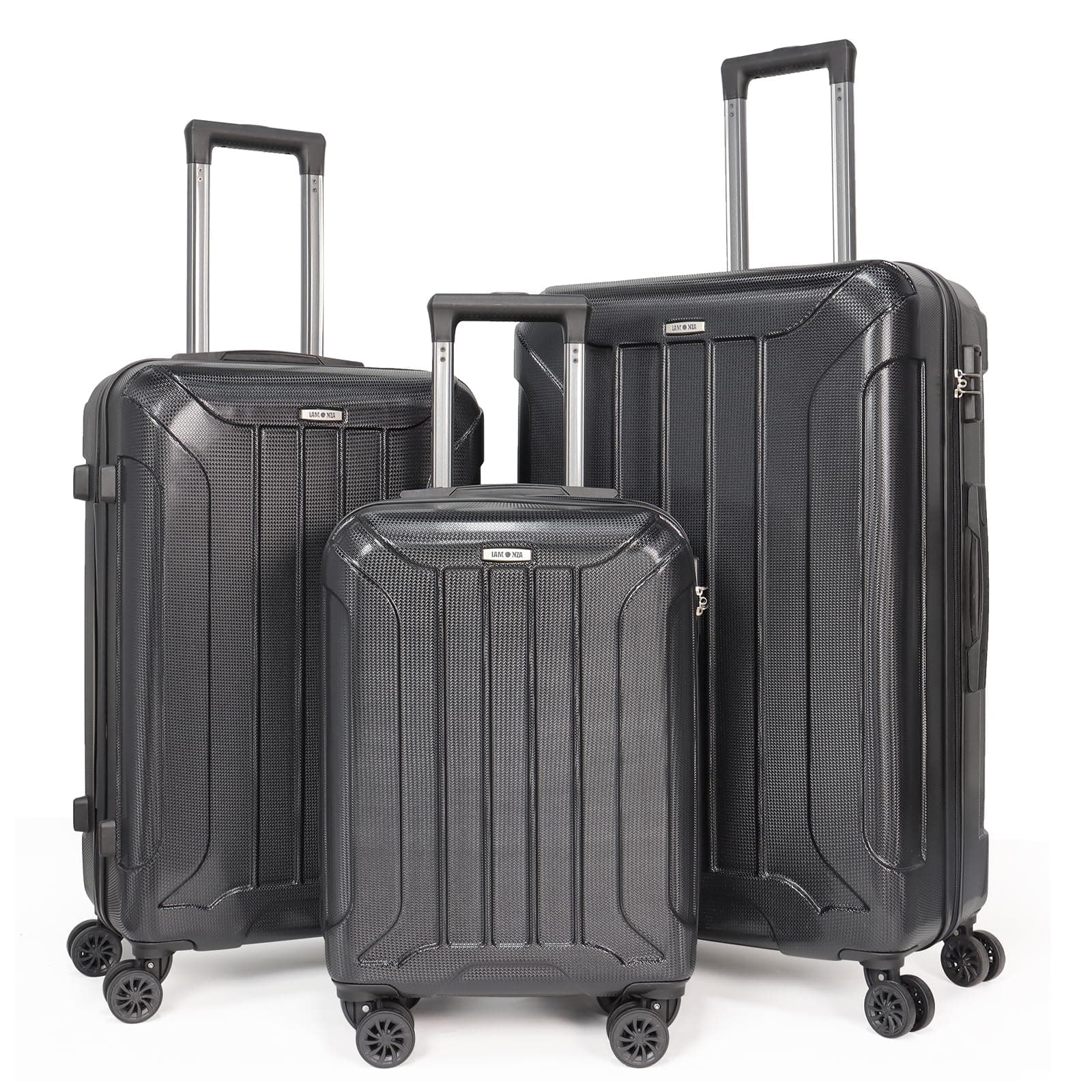 Premium 3-Piece Black Suitcase Set with Built-in, Reinforced Grip Handles, Retractable Handle, ABS Material, and 360 Spinner Wheels - Sizes 20", 24", 28"