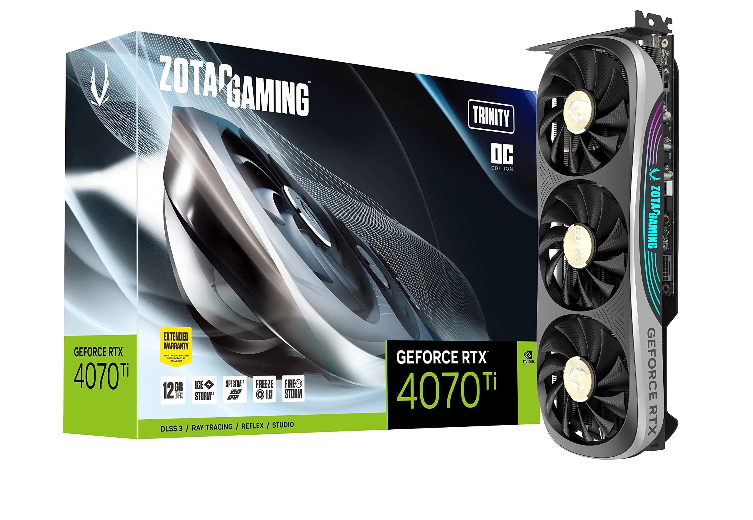 Gaming GeForce RTX 4070 Ti Trinity OC DLSS 3 12GB GDDR6X 192-bit 21 Gbps PCIE 4.0 Gaming Graphics Card, IceStorm 2.0 Advanced Cooling, Spectra 2.0 RGB Lighting, ZT-D40710J-10P