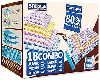 Storage Master Space Saver Bags for Travel and Home Reusable Vacuum Storage Bags Save 80% More Storage Space with Travel Hand Pump (18 Combo)