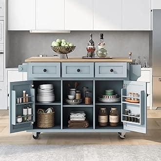 Modern Mobile Kitchen Island Cart with Rubber Wood Drop-Leaf Countertop and Internal Storage Racks,Cabinet with 5 Wheels and 3 Drawers,for Dining Room, Bathroom (Grey Blue@E)