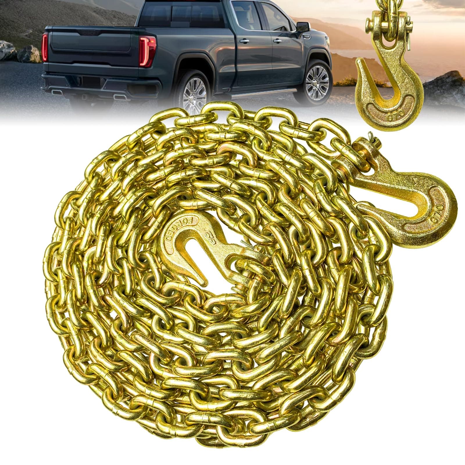 Trailer Chains with Hooks 5/16 Chain Tow Chain G80 Transport Binder Chain Extension 25Ft Log Chain 4,900 Lbs Towing Accessories for Transporting Towing (5/16In×25Ft) Yellow