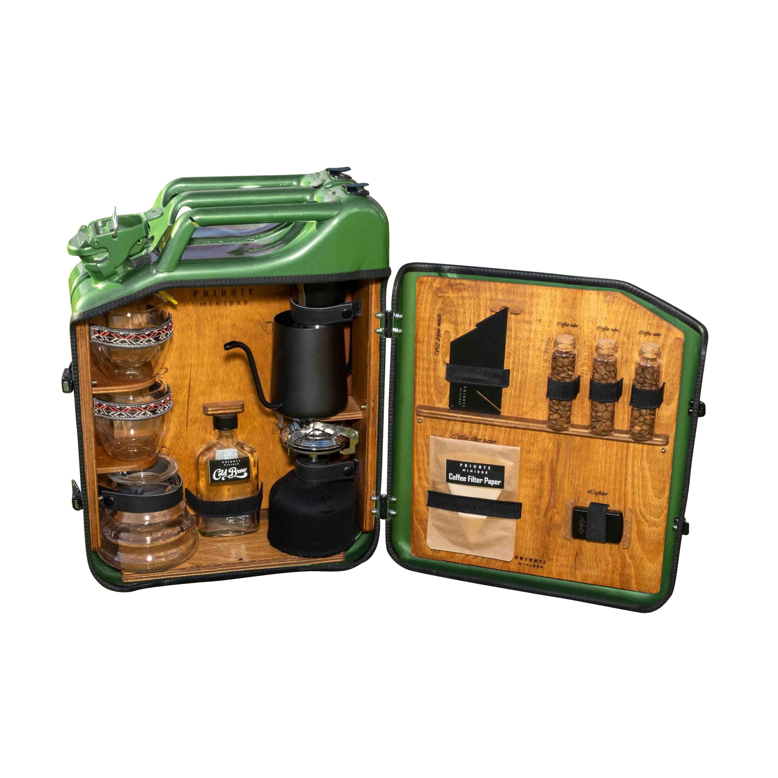 Jerry Can Brewed Coffee Set, Customized Gift Box, V60 Dripper, Double Walled Cup, Cafe Grinder, Handmade Travel Kit, Birthday Gift (Military Green)