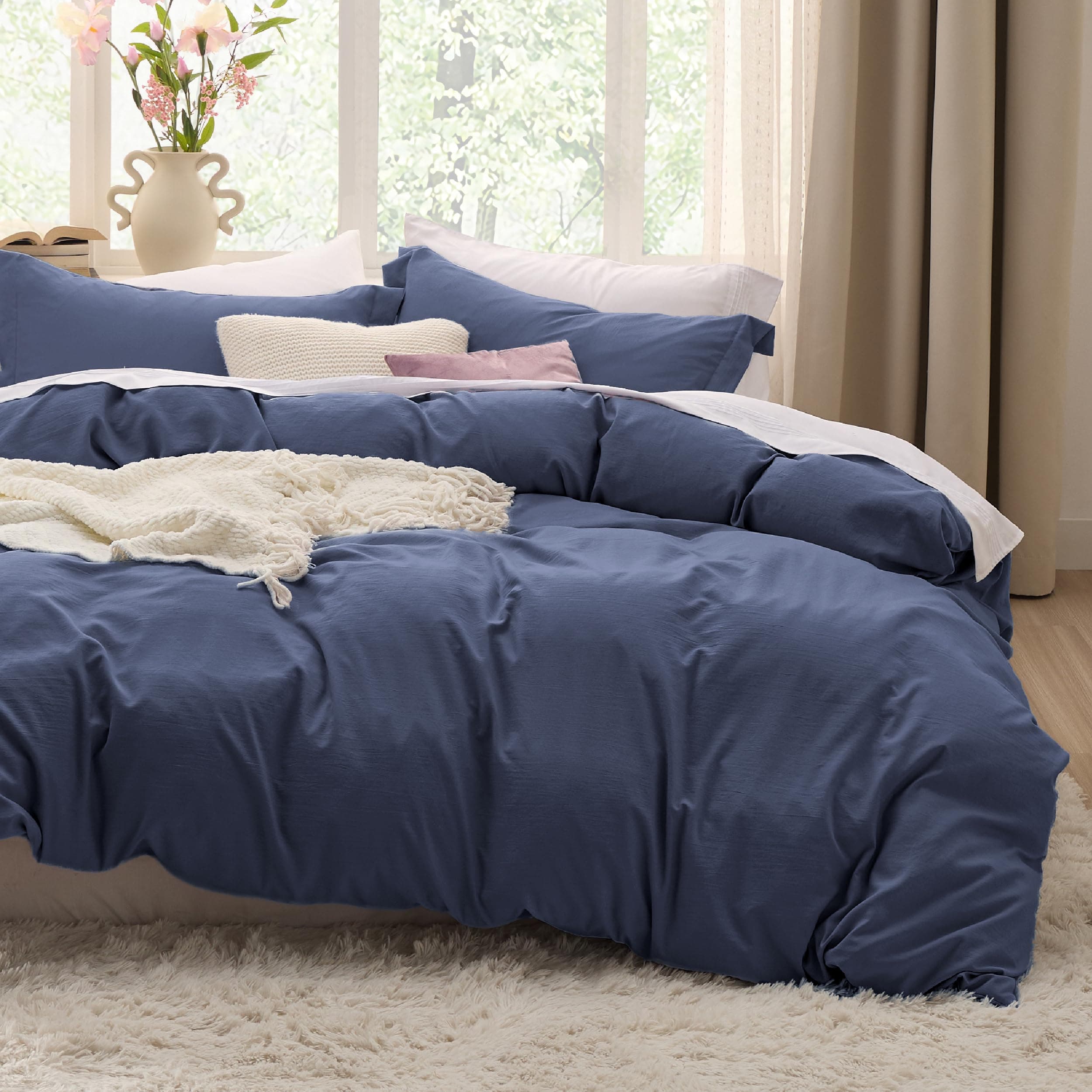Bedsure Navy Blue Duvet Covers Queen Size - Prewashed Cotton-Like Polyester Duvet Cover, Soft Queen Duvet Cover Set 3 Pieces with Zipper Closure, 1 Duvet Cover 90x90 inches and 2 Pillow Shams