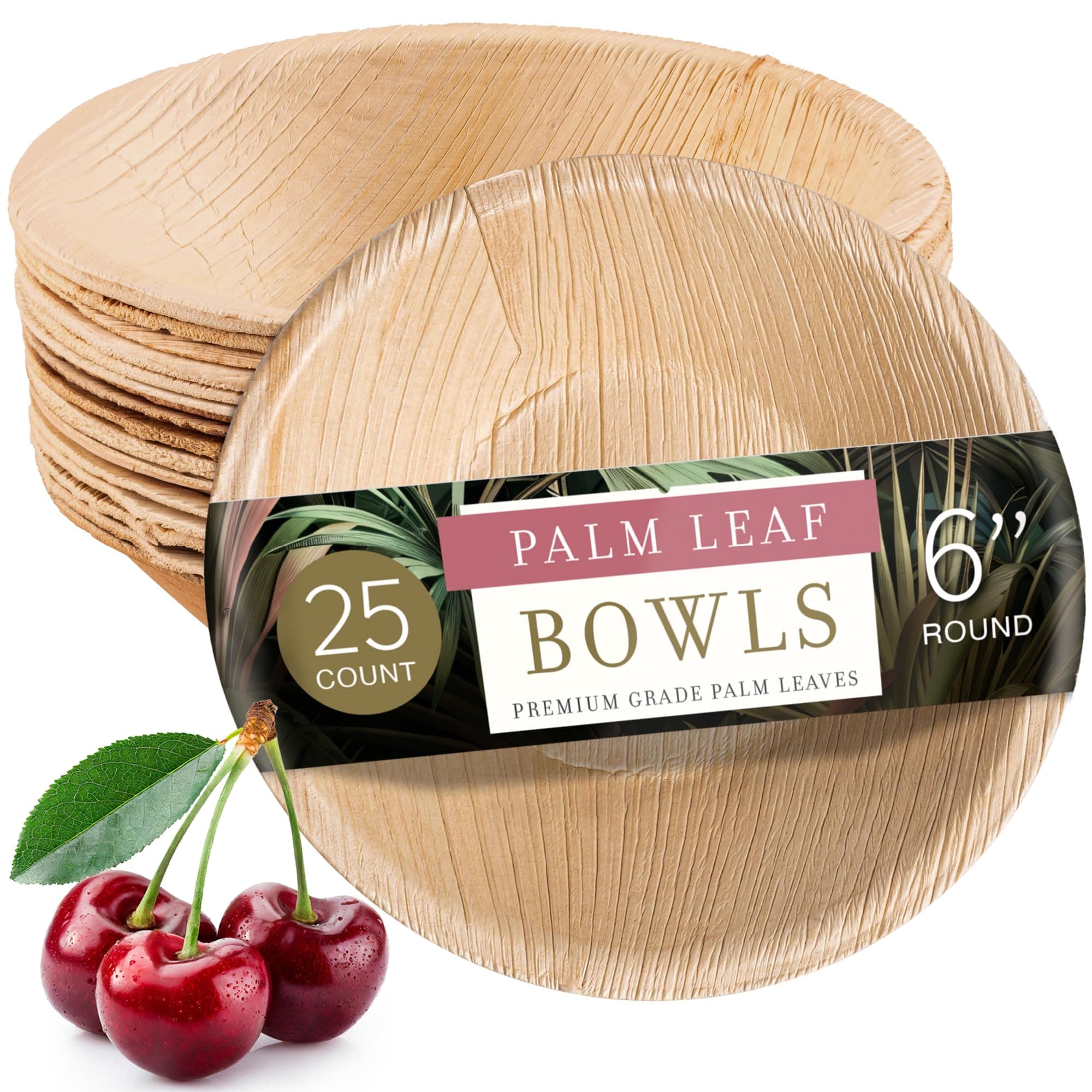 brheez Palm Leaf Bowls 6 Inch - 25 Count - Eco Friendly, Compostable & Biodegradable – Elegant Bamboo Look Disposable Bowls are Heavy Duty and More Environmentally Friendly than Paper Bowls