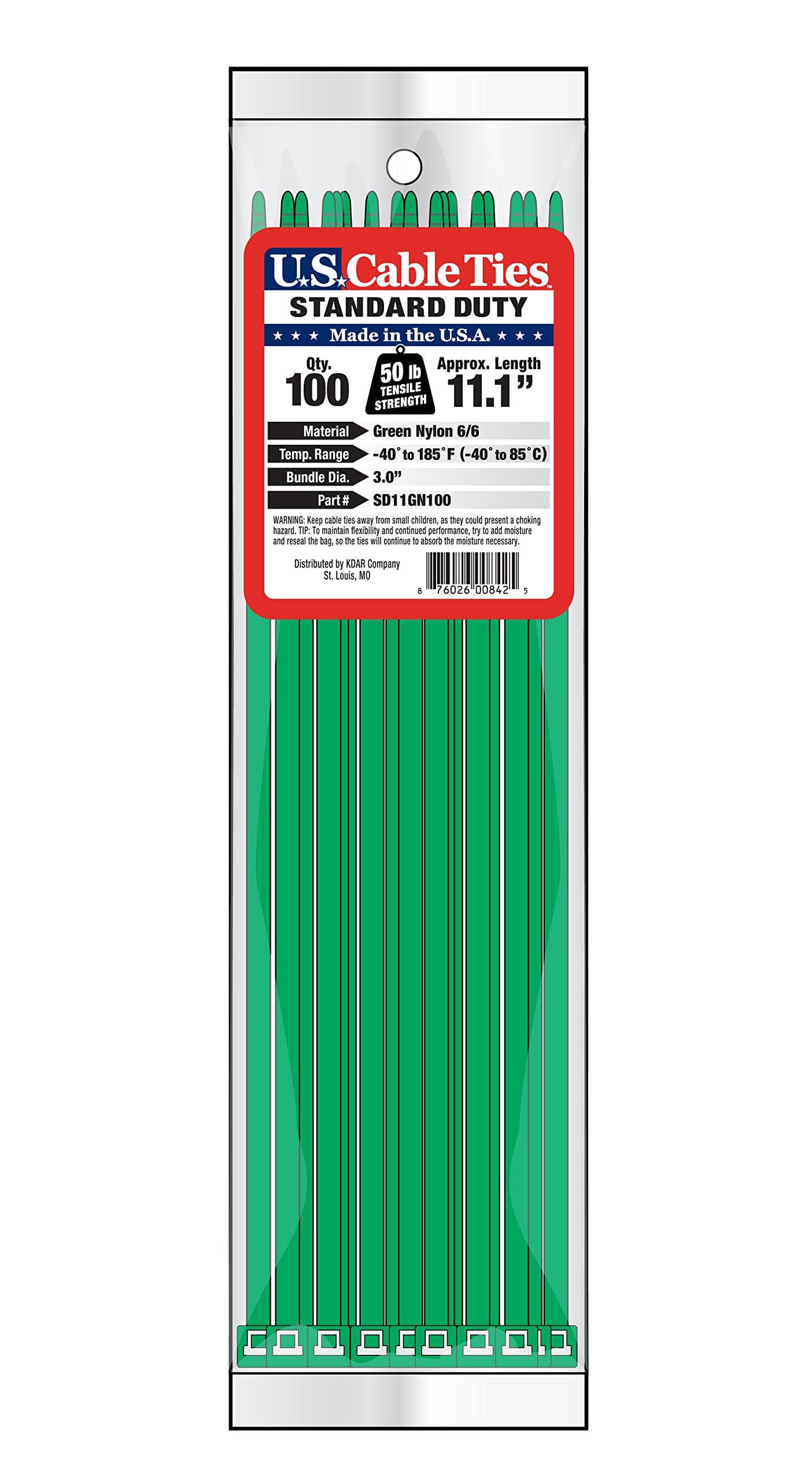 US Cable Ties SD11GN100 11-Inch Standard Duty Cable Ties, Green, 100-Pack