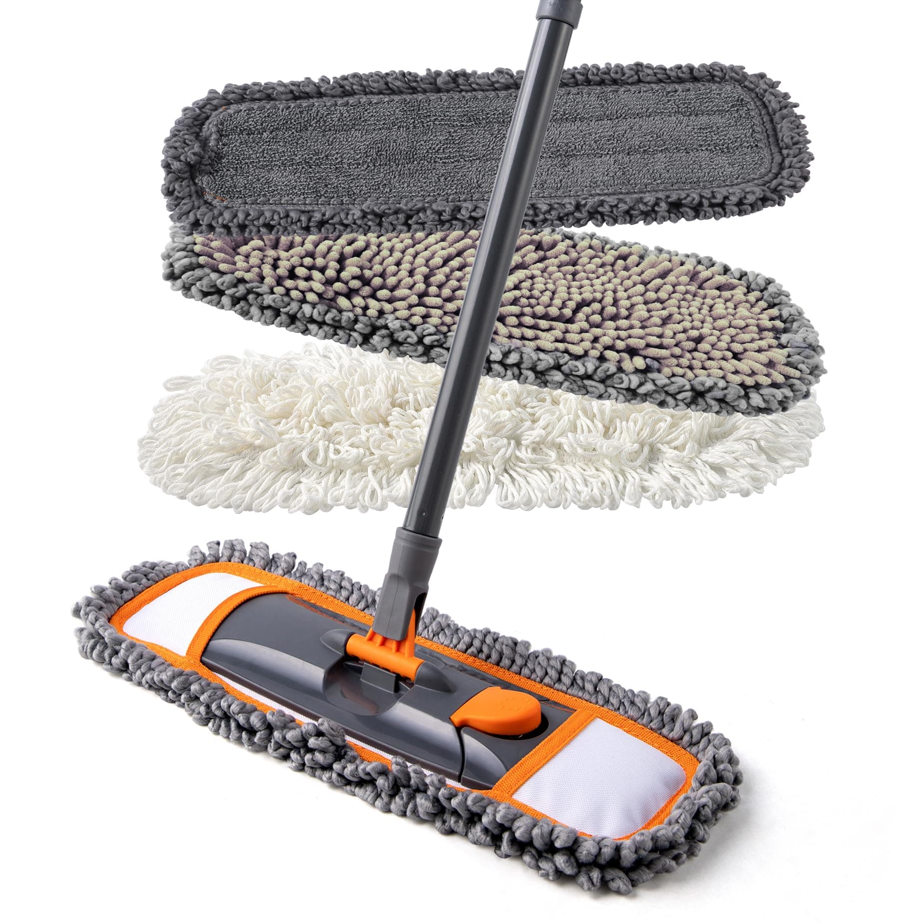 CLEANHOME Mops for Floor Cleaning with 3 Different Washable Pads and Extendable 55” Long Handle, Multifunction Dust Mop for Hardwood,Marble,Tile Floor Mopping,Orange