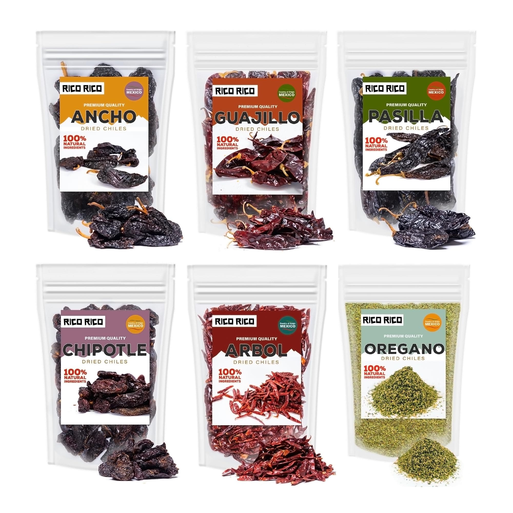 Dried Peppers 6 Pack Bundle - Ancho, Arbol, Guajillo, Pasilla, Chipotle Morita, Mexican Oregano, 24 Oz Super Pack for Authentic Mexican Recipes, Resealable Bags