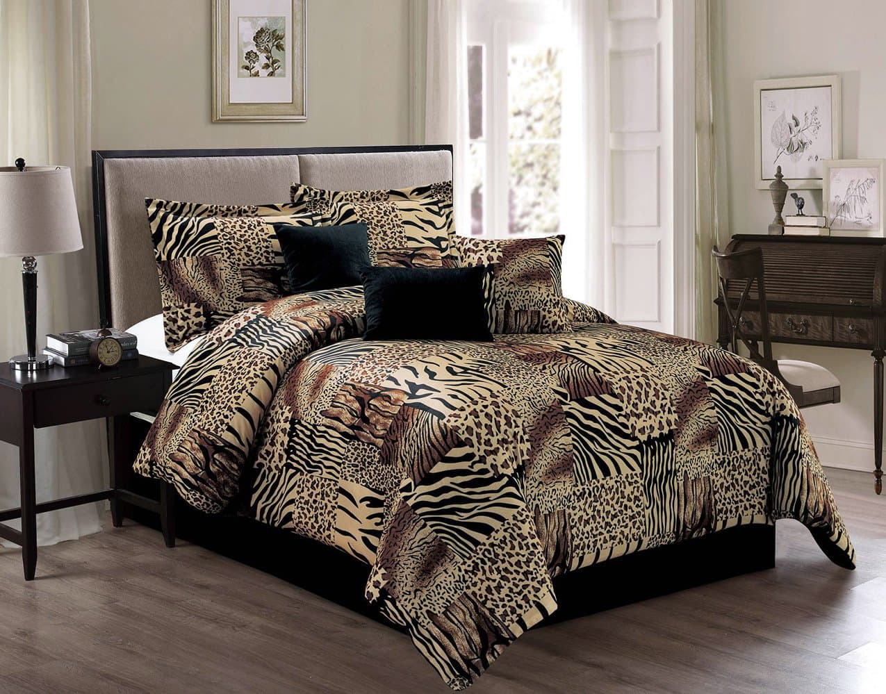 7 Piece King Safari Micro Fur Comforter Set - Zebra, Giraffe, Leopard, Tiger Etc - Multi Animal Print Bed in a Bag Brown Beige Black White Bedding