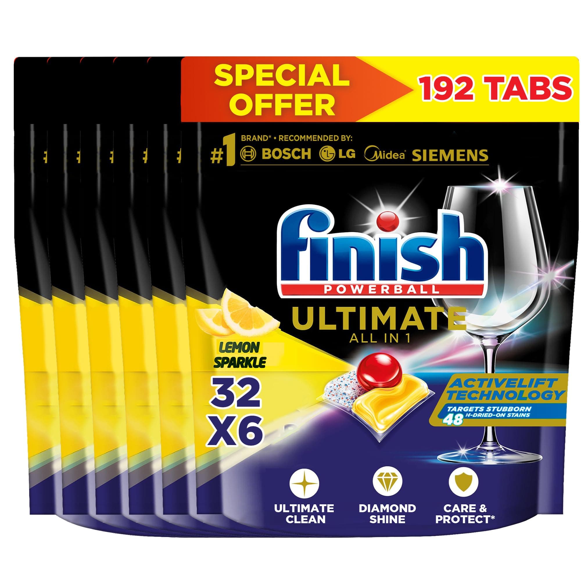 Powerball Ultimate Dishwasher Detergent, Lemon Sparkle Scent, 32 Tabs x 6