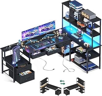 AODK 79 inch L Shaped Desk with 5 Drawers, Reversible L Shaped Gaming Desk with LED Light & 2 Power Outlets, Computer Desk with Storage Shelves for Home Office, Black