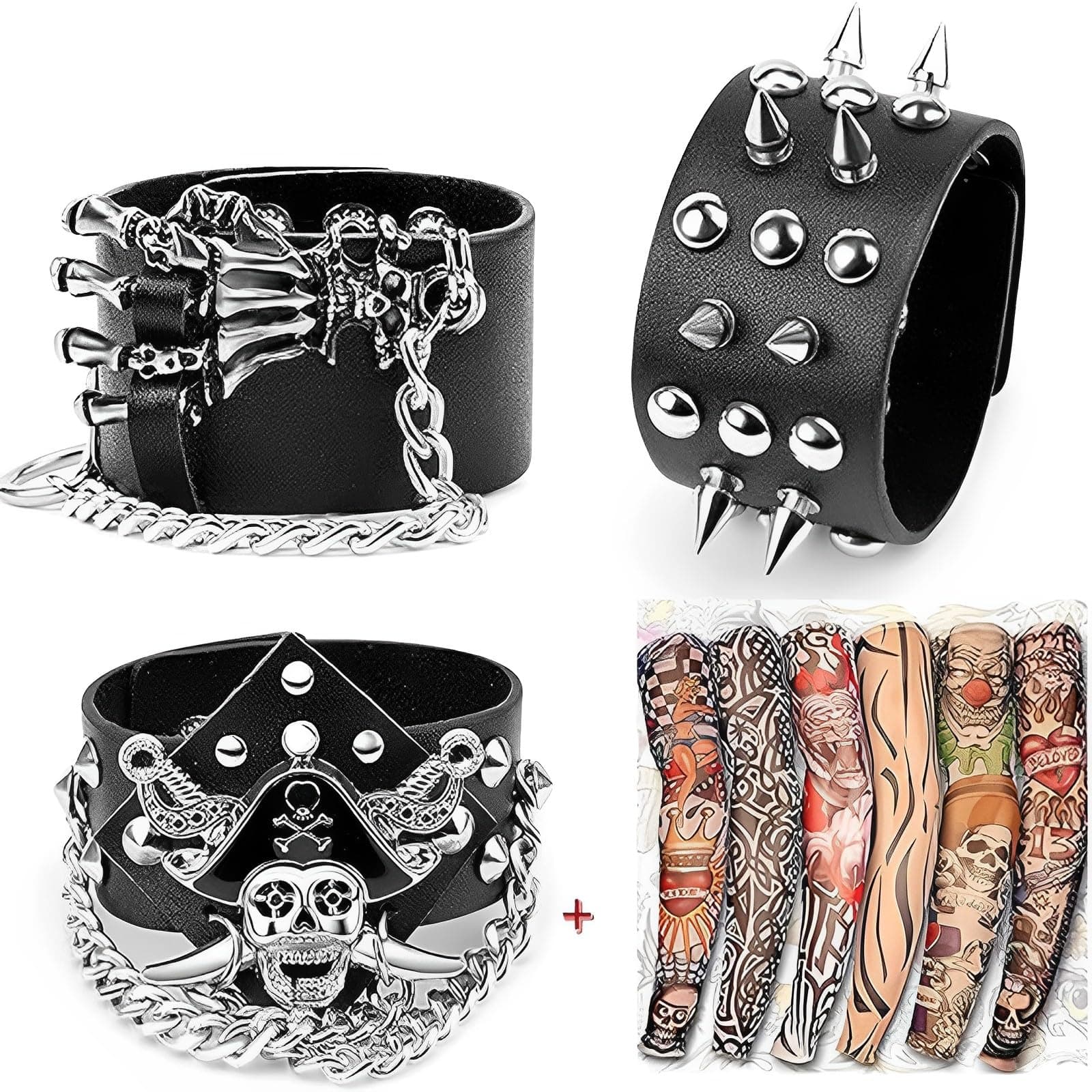 3Pcs Spike Studded Rivet Punk Rock Biker Wide Strap Leather Bracelet Chain Wristband Rocker Costume Accessories Adjustable + 6Pcs Temporary Tattoo Sleeves…, Faux Leather