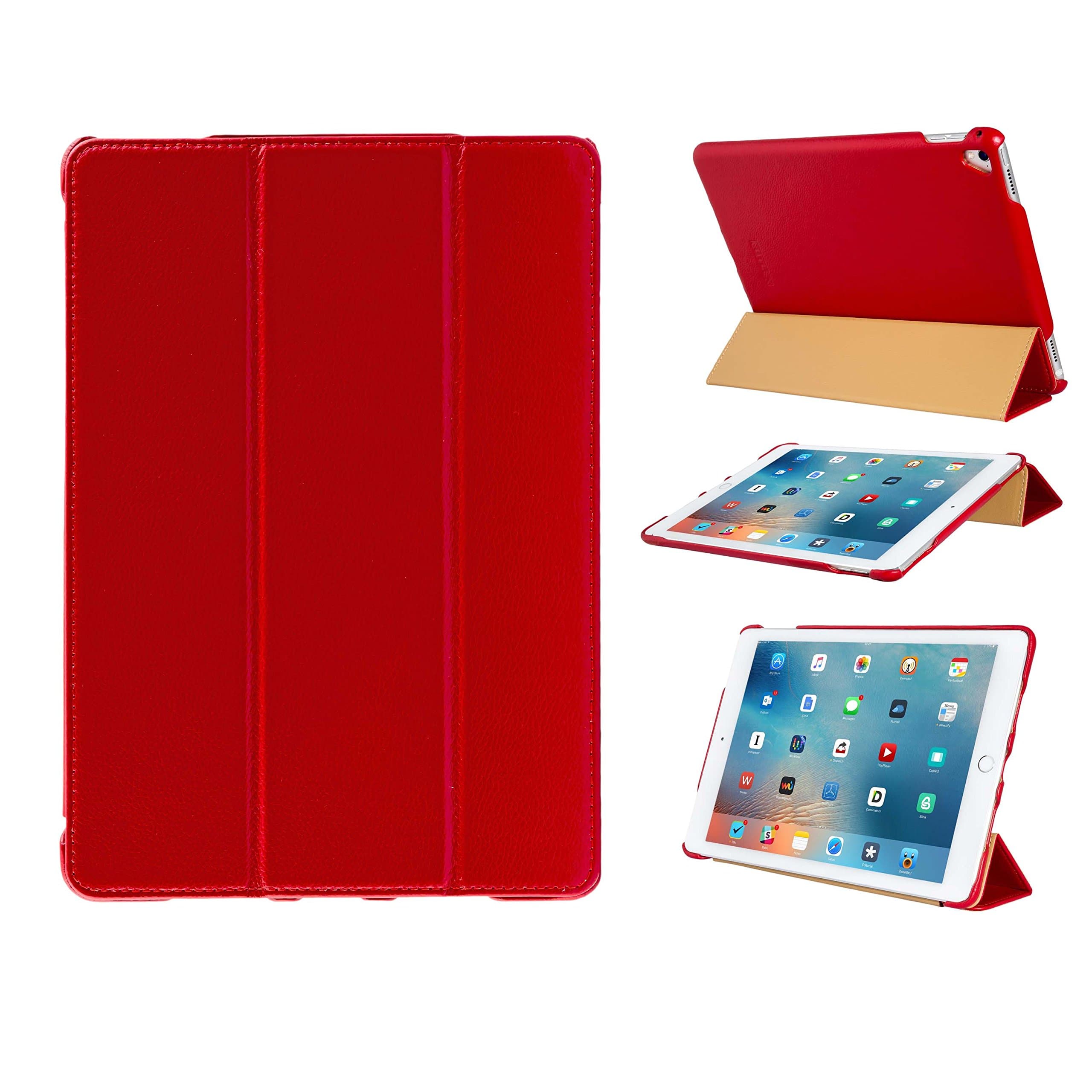 FUTLEX Genuine Leather Smart Cover Case Compatible with iPad Pro 9.7" (2016 Year A1673 A1674 A1675) - Red - Multiple Stand Position - Auto Wake/Sleep Function