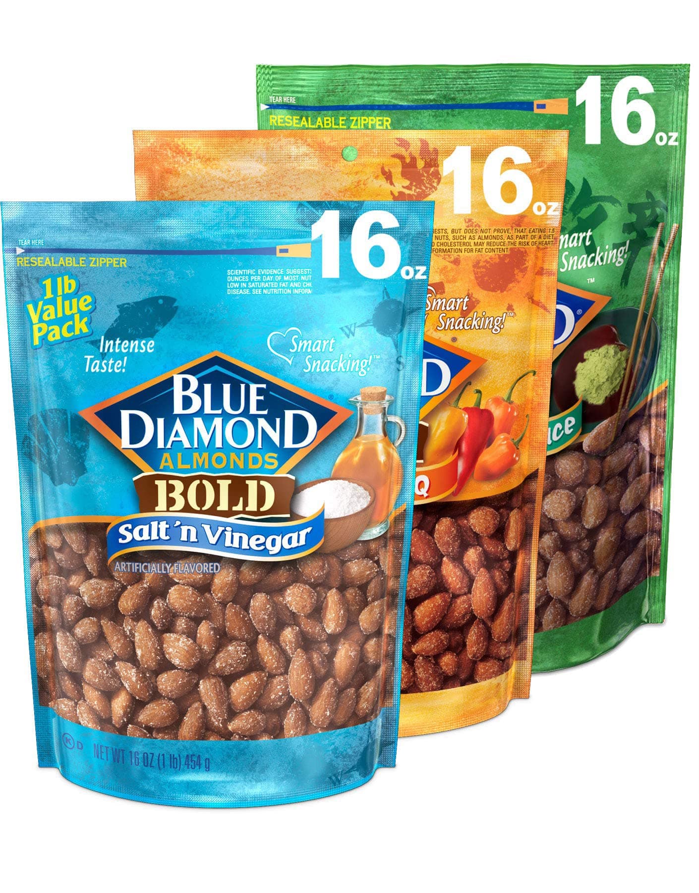 Blue Diamond Almonds BOLD Variety Pack (Salt 'n Vinegar, Habanero BBQ, Wasabi & Soy Sauce), 16 oz (454 g), 3 Bag Set
