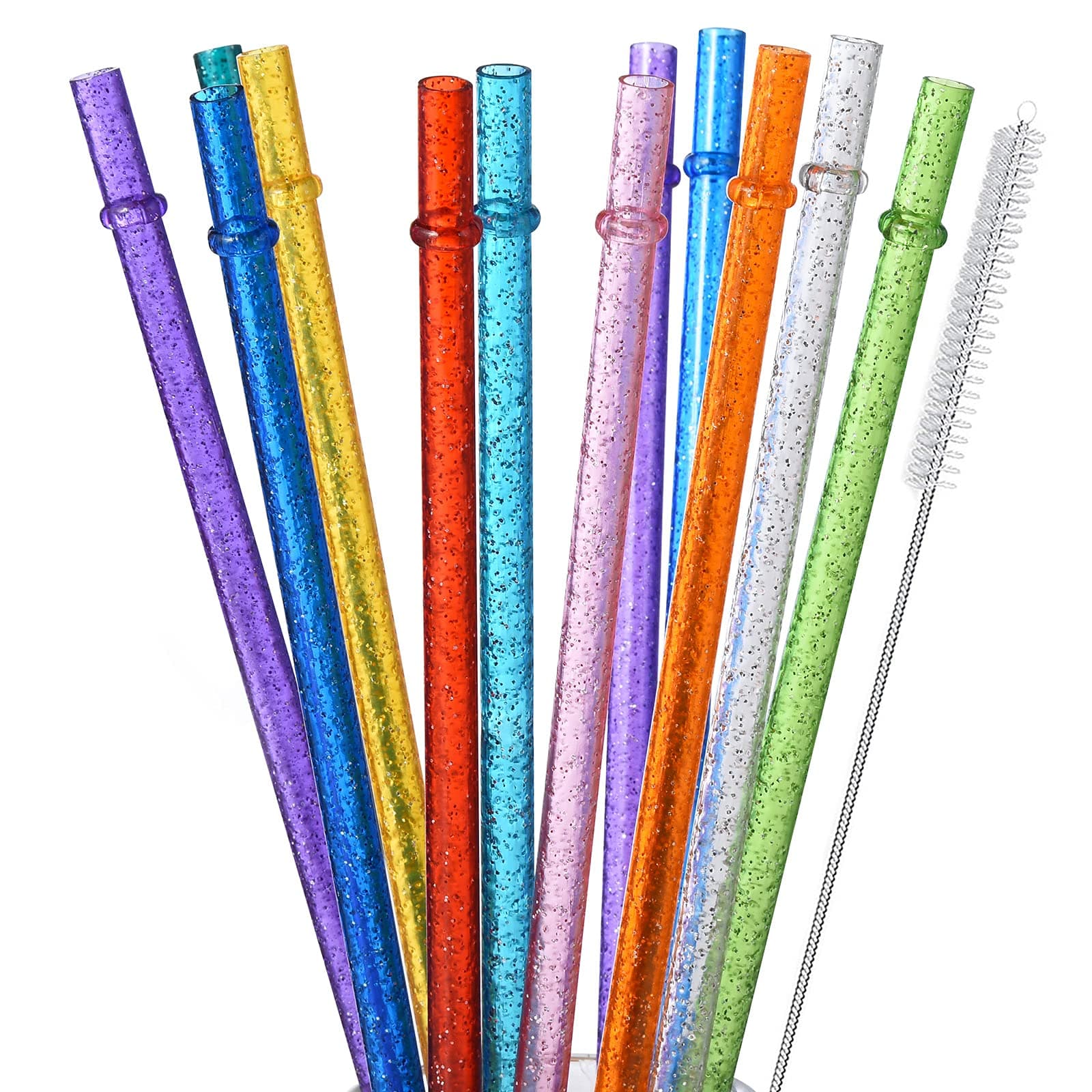 ALINK 12-Pack Reusable Plastic Glitter Straws, 11" Long Colorful Hard Plastic Tumbler Straws for 16 OZ 20 OZ 30 OZ Stanley, YETI, Mason Jar, Starbucks with Cleaning Brush
