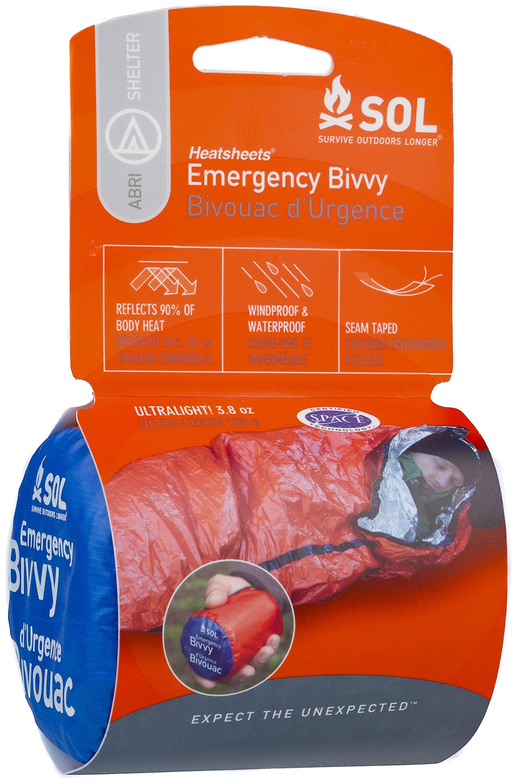 SOL® Emergency Bivvy with Rescue Whistle Tinder Firestarter Reflects 90% body heat Waterproof Windproof Hiking Hunting Backpacking Walking Outdoor Emergency Search and Rescue Lightweight 99 grms