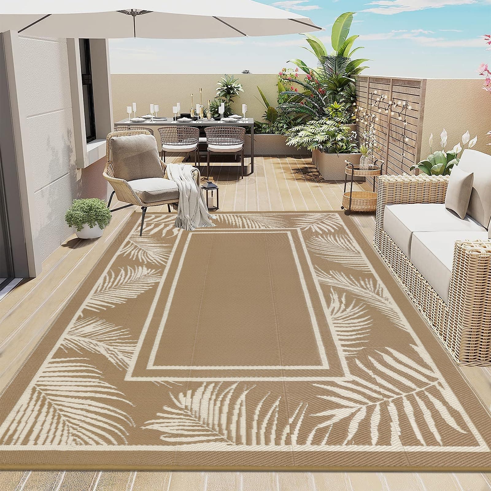 Bsmathom Waterproof Outdoor Rug 6'x9' Reversible Boho Plastic Straw Patio Deck Camping Rugs, Indoor Outdoor Portable RV Mat Clearance Carpet for Outside, Porch, Balcony, Backyard, Beach, Pool,Brown