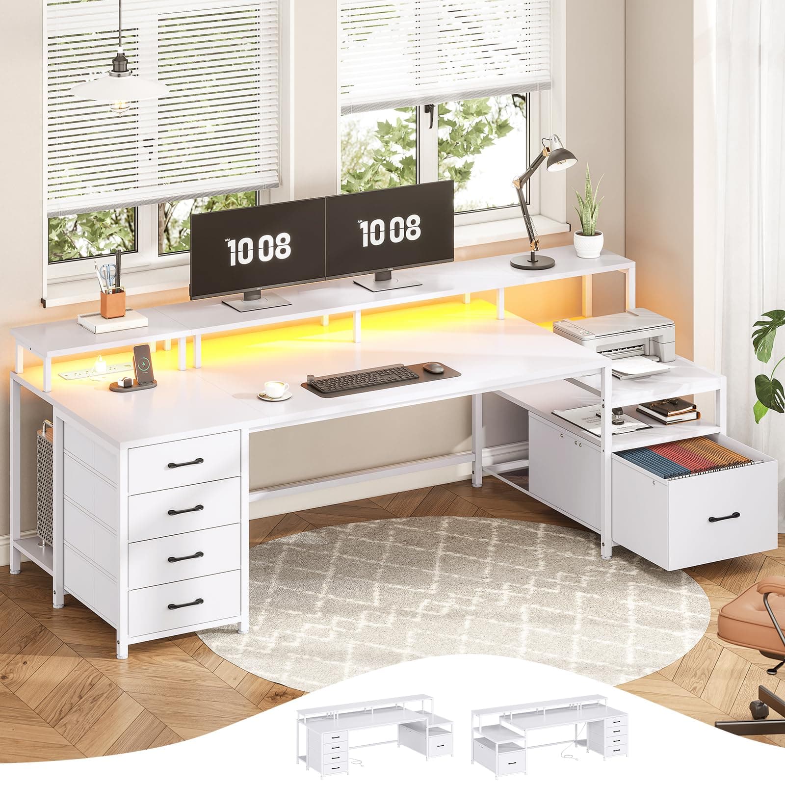 White Computer Desk with 5 Drawer & Power Outlet, 75'' Home Office Desk with File Drawer, Storage Shelves, Printer Cabinet and Monitor Shelf, Gaming Desk with Led Lights, 23.6" W Desktop