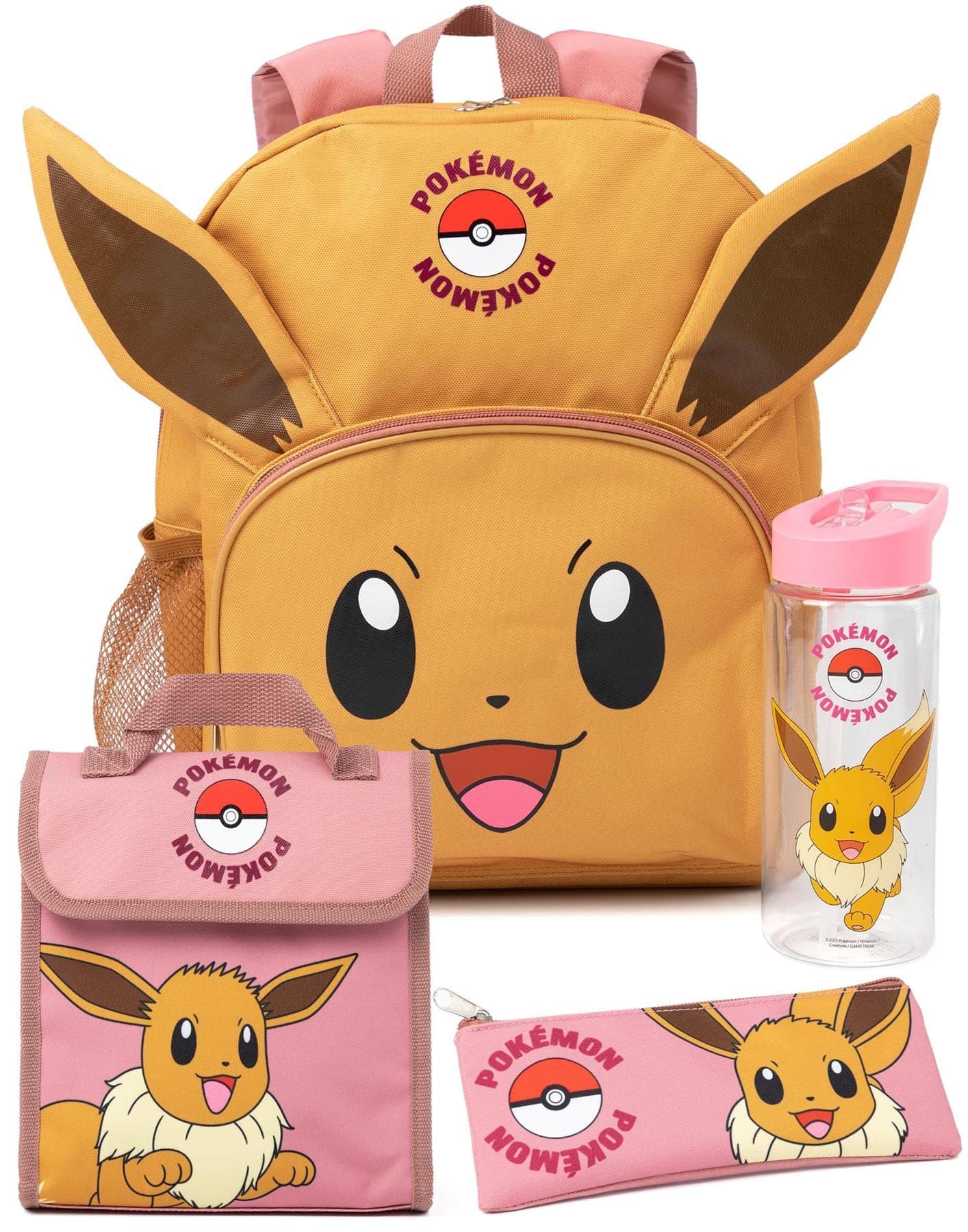 Pokémon Eevee Brown Pink 4-Piece Backpack Set | Kids Rucksack with Lunch Bag, Pencil Case & Water Bottle | School Accessories Bundle | Back to School Essentials | Pokémon Merch