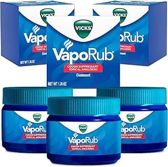 - VapoRub, Original, Cough Suppressant, Topical Chest Rub & Analgesic Ointment, Medicated Vicks Vapors, Relief from Cough Due to Cold, Aches & Pains, 1.76oz each (pack of 3)
