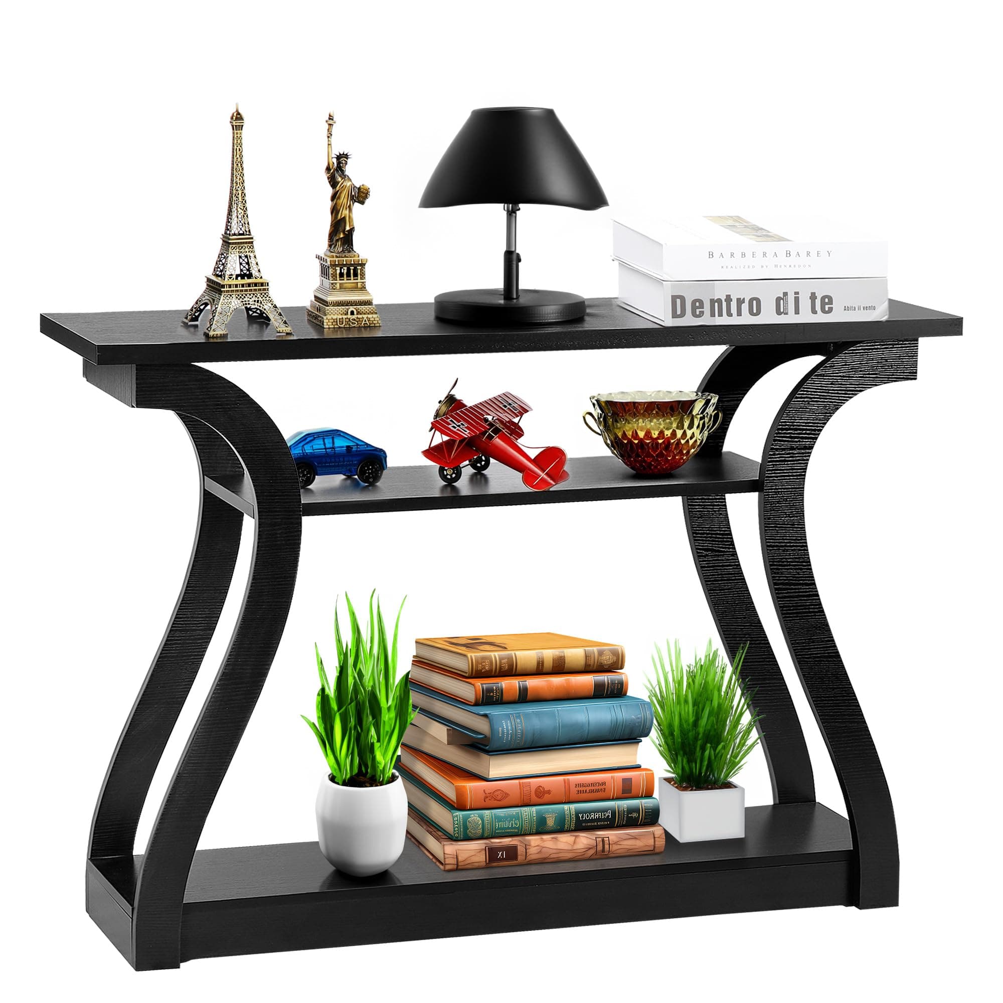 SUPER DEAL Wood Console Table 3 Tier Narrow Entryway Table with Curved Frame and 2 Open Storage Shelves Accent Sofa Table for Hallway Living Room Bedroom, 47 in Black