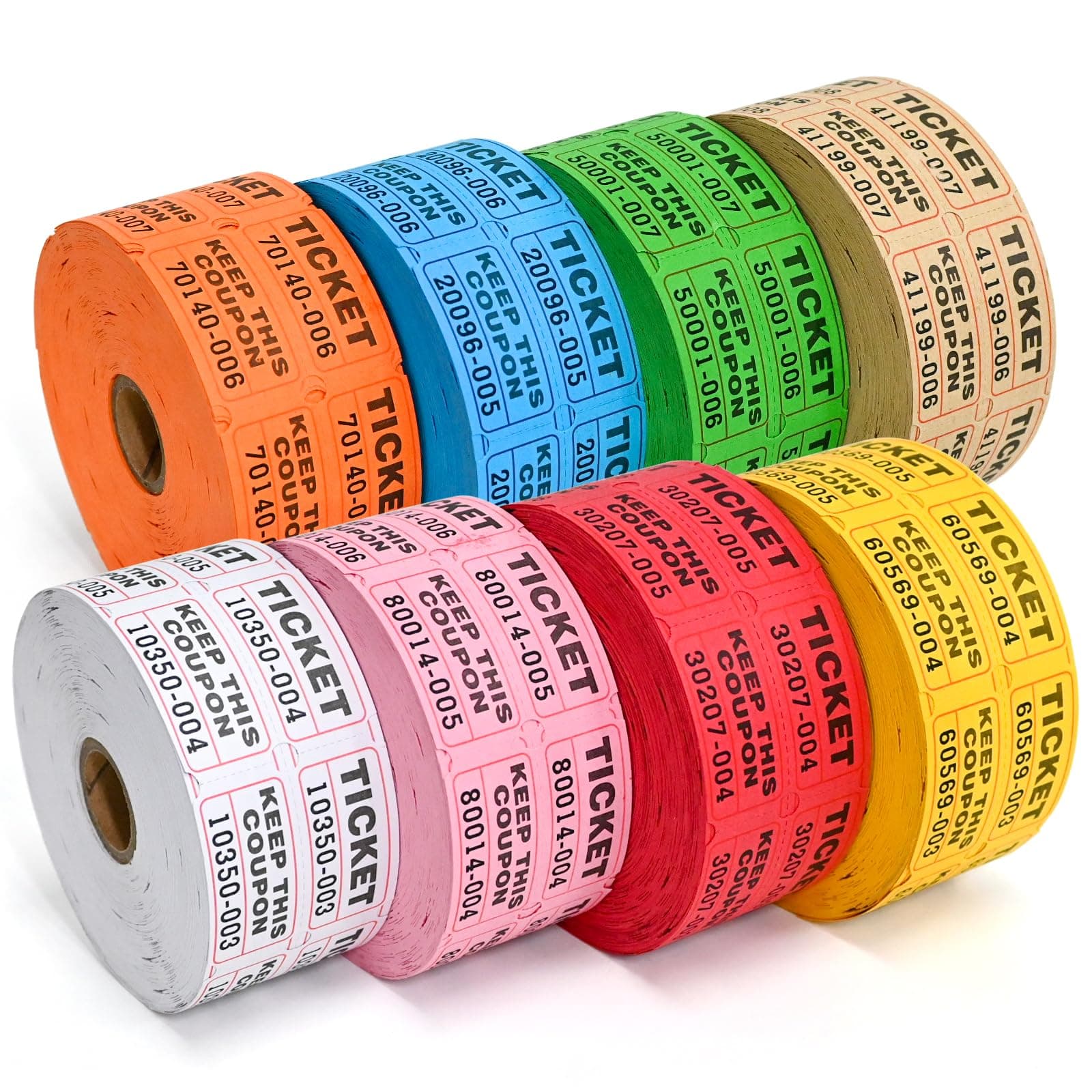 L LIKED Multicolor Raffle Tickets - 8000 Tickets (8 Double Rolls of 1000 Tickets Each), Consecutively Numbered 50/50 Tickets Rolls for Party, Concert, Carnivals & Other Event