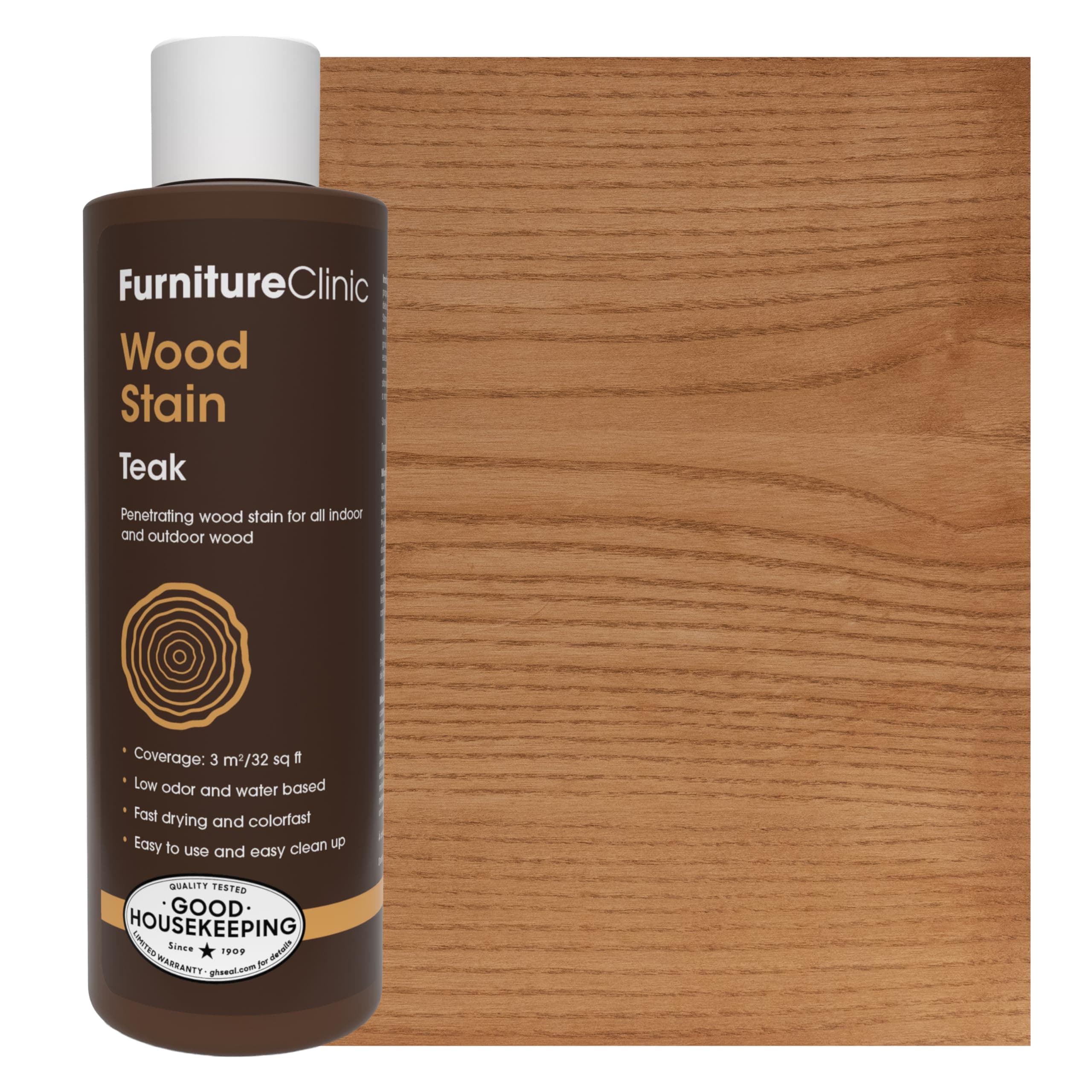 Furniture Clinic Wood Stain | Teak | Water Based | Fast Drying, Low Odor, & Non-Toxic | for Indoor & Outdoor Furniture and More | Multiple Finishes | (8.5oz / 250ml)
