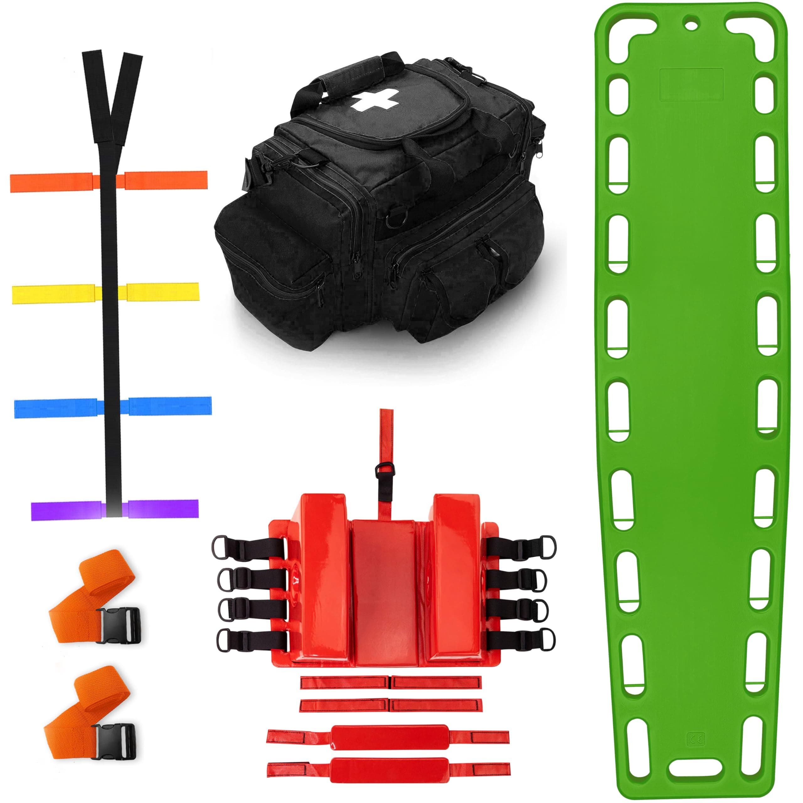 EMS XTRM Rescue Kit Comprehensive Emergency Support with Spine Board, Head Immobilizer, Trauma Bag & 10-Point Strap - Durable, Lightweight for First Responders, Green