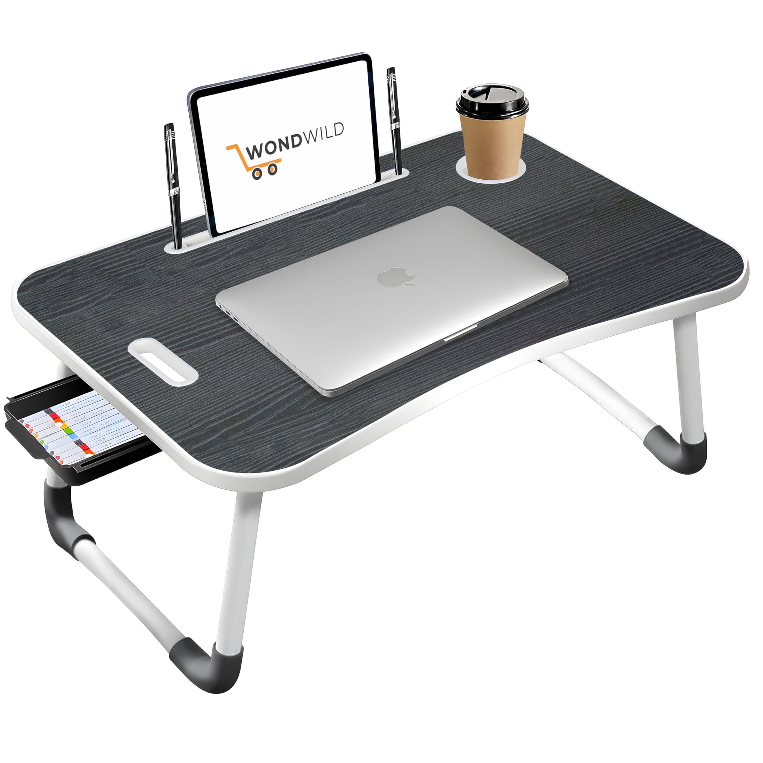 WONDWILD Premium Foldable Wooden Mini Laptop Table for Bed, Study Table with Drawer, Tablet/Mobile Holder for Kids & Adults >> (C Bidding BLACKK)