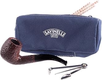 Savinelli One Kit - Handmade Italian Briar Wood Pipe, Blue Zipper Pouch, Cleaners, Czech Pipe Tool, 6mm (Brown Rustic 601)