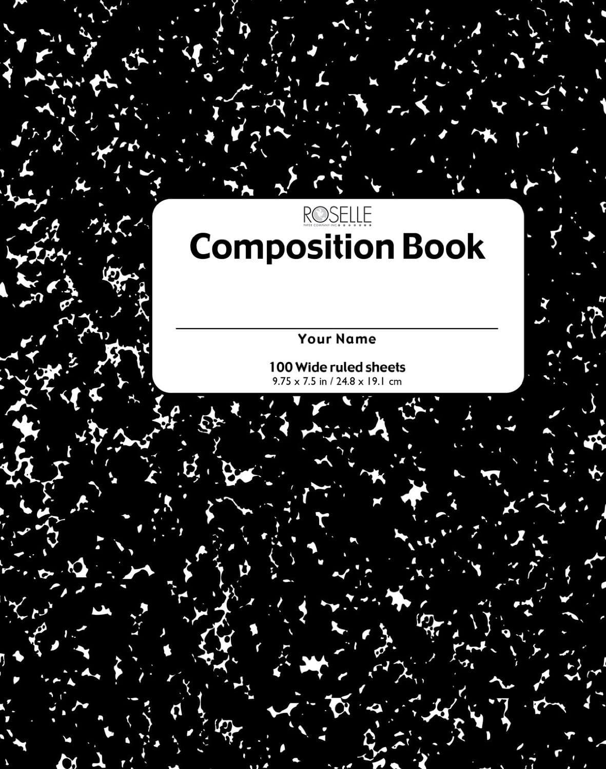 Roselle Wide Ruled Black & White Marble Composition Notebooks, 100 Sheets - Set of 5