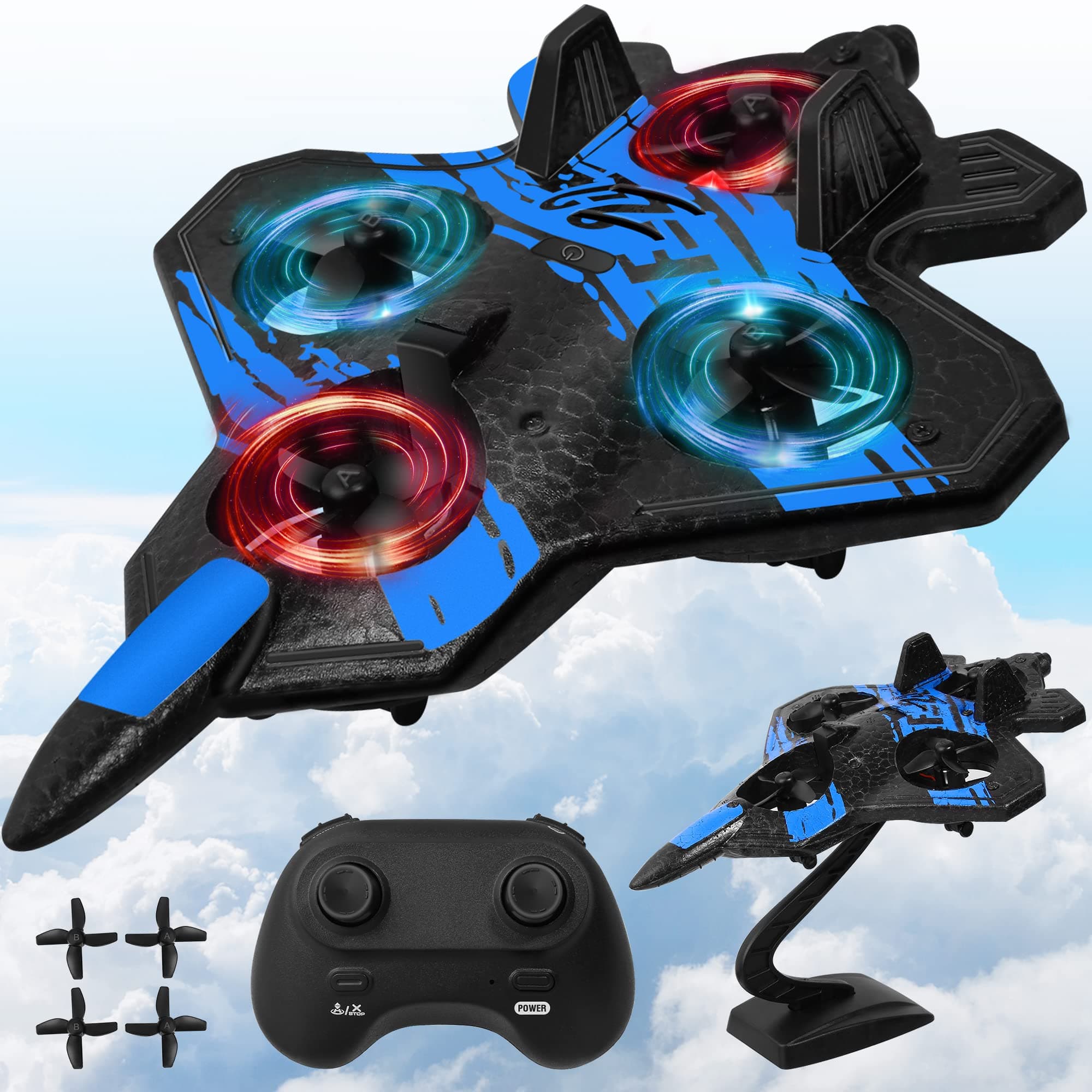 Remote Control Airplane for Beginners, 2.4GHz V17 Jet Fighter Stunt RC Airplanes, ABS, 3D Flip, Stunt Roll, Cool Light, 2 Batteries, RC Planes for Kids 8-12, Blue