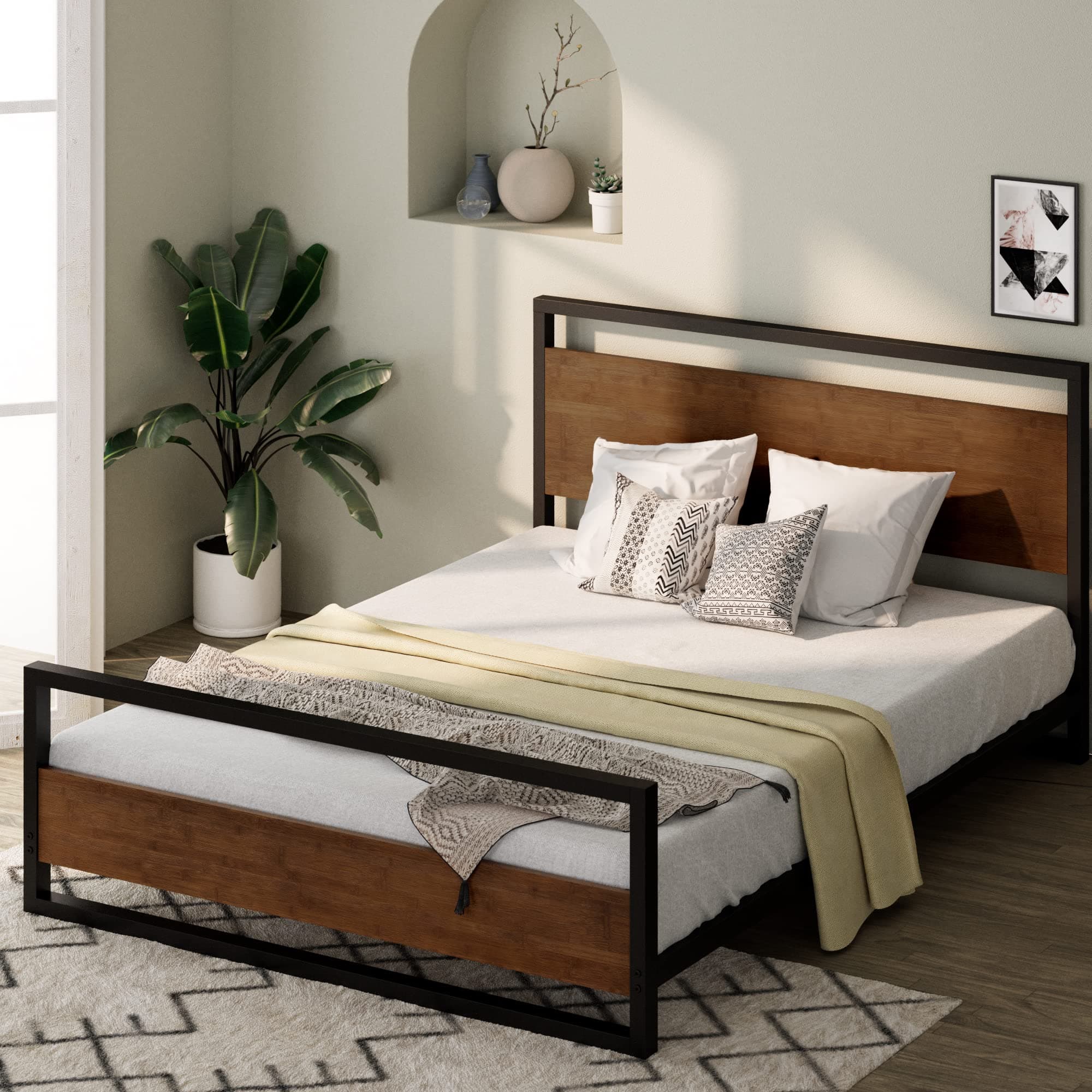 Suzanne Bamboo and Metal Platform Bed Frame with Footboard / Wood Slat Support / No Box Spring Needed / Easy Assembly, Queen