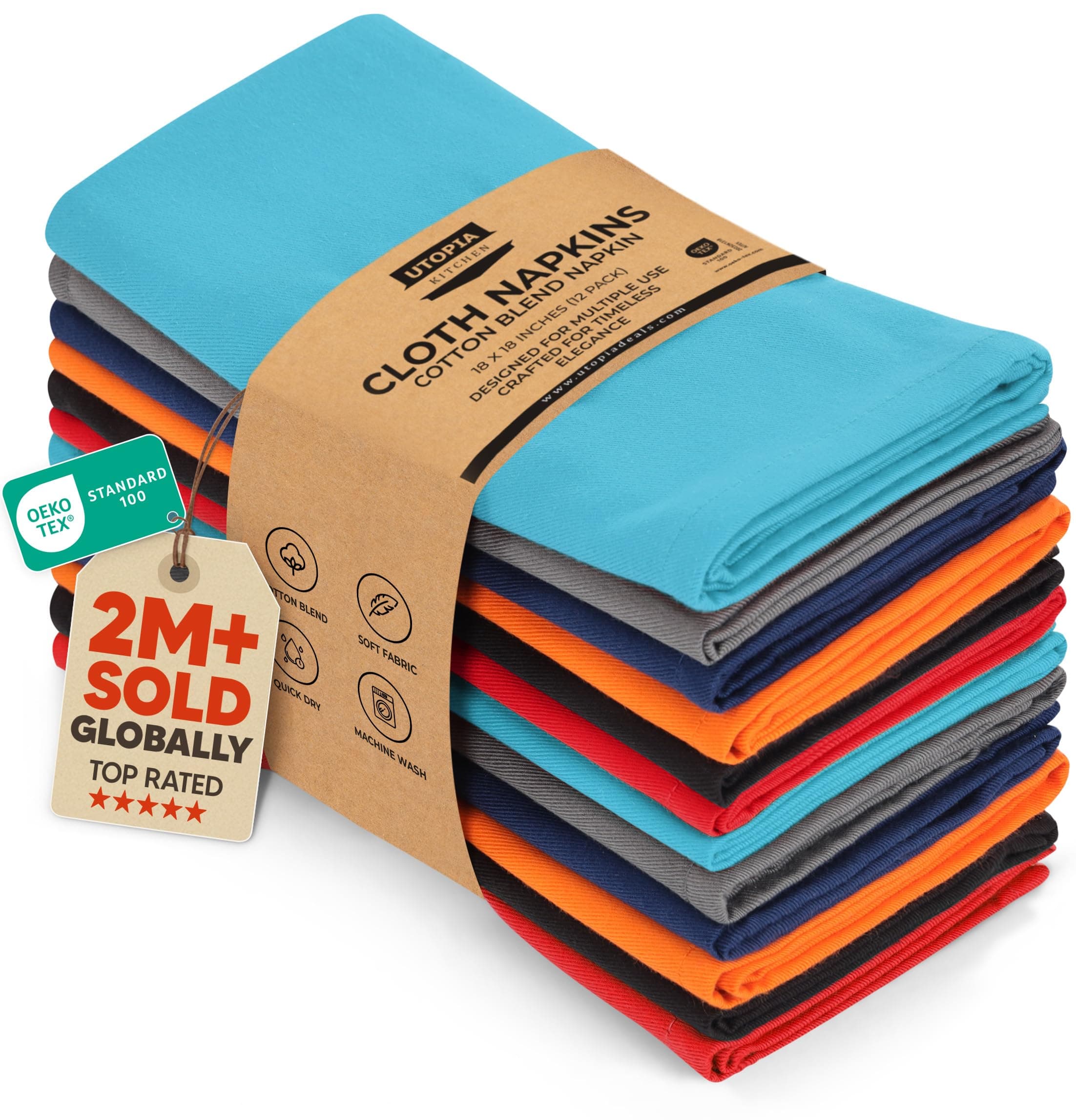 Utopia Kitchen Cloth Napkins [12 Pack] 46x46cm, Cotton Blend Washable and Reusable Table Dinner Napkins for Hotel, Lunch, Restaurant, Weddings, Event and Parties (Multi Color)