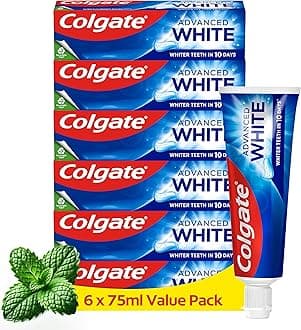 Colgate Advanced White Toothpaste, 6 x 75 ml - Whiter teeth in 10 Days - Clinically proven whitening - Teeth whitening toothpaste with micro-cleansing crystals - Mint toothpaste