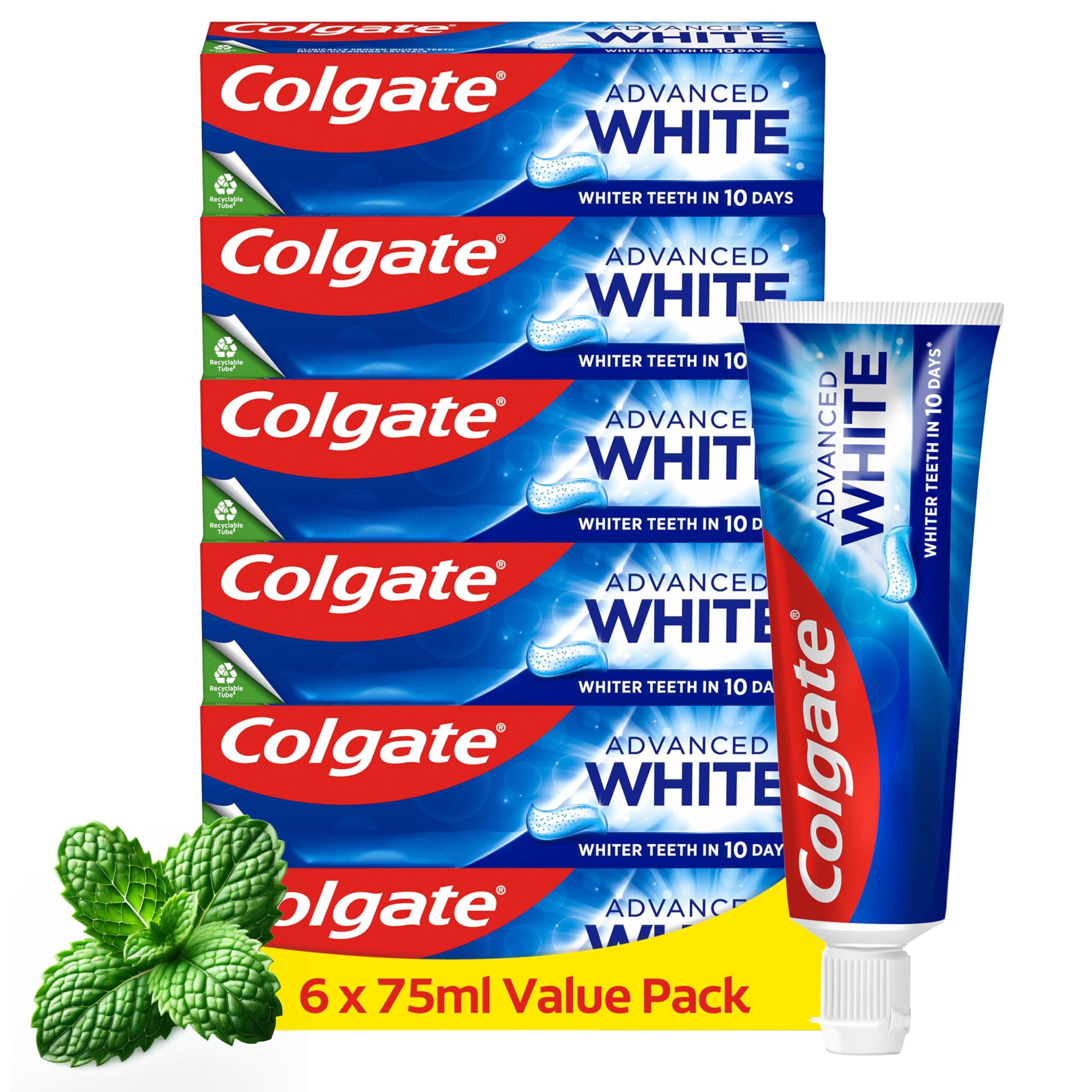 Colgate Advanced White Toothpaste, 6 x Multi Action Whitening Toothpastes with Cavity Protection Fluoride Formula for Whiter Teeth, Bulk/Value Set, 125 ml (Pack of 6)