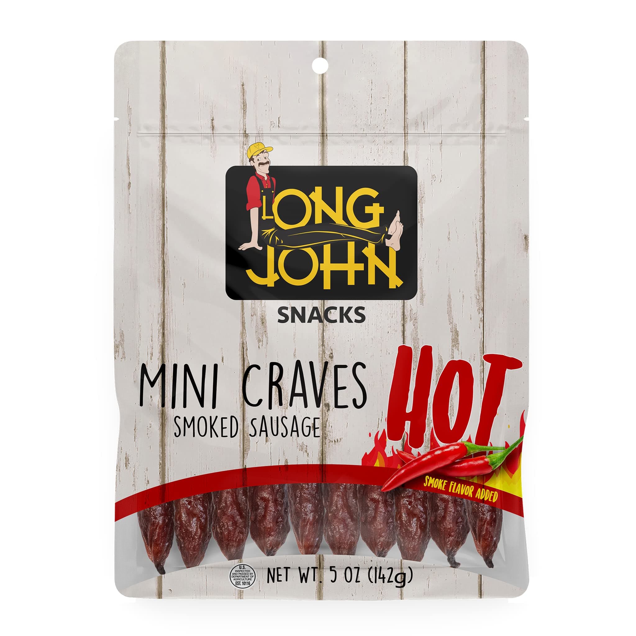 Long John Snacks Mini Craves Sausage Sticks - 5g Protein Meat Sticks with 60 Calories - Naturally Smoked Sausage - (4) 5 Oz Bags (Hot)
