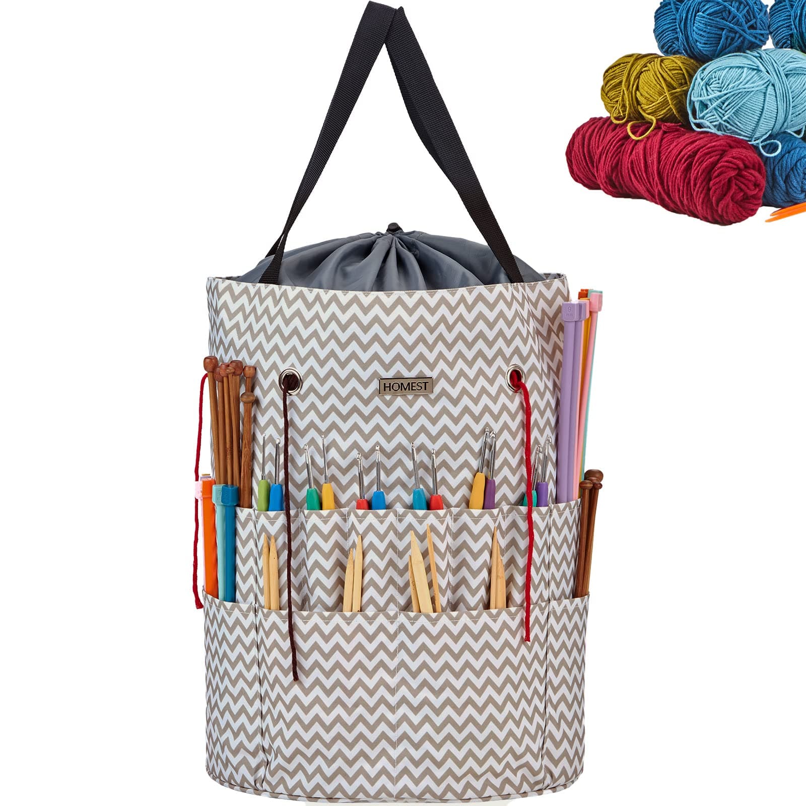 Large Crochet Bag with Customized Front Compartment for Knitting Accessories, Yarn Storage with 6 Oversized Grommets, Tote Organizer with Drawstring Closure, Ripple