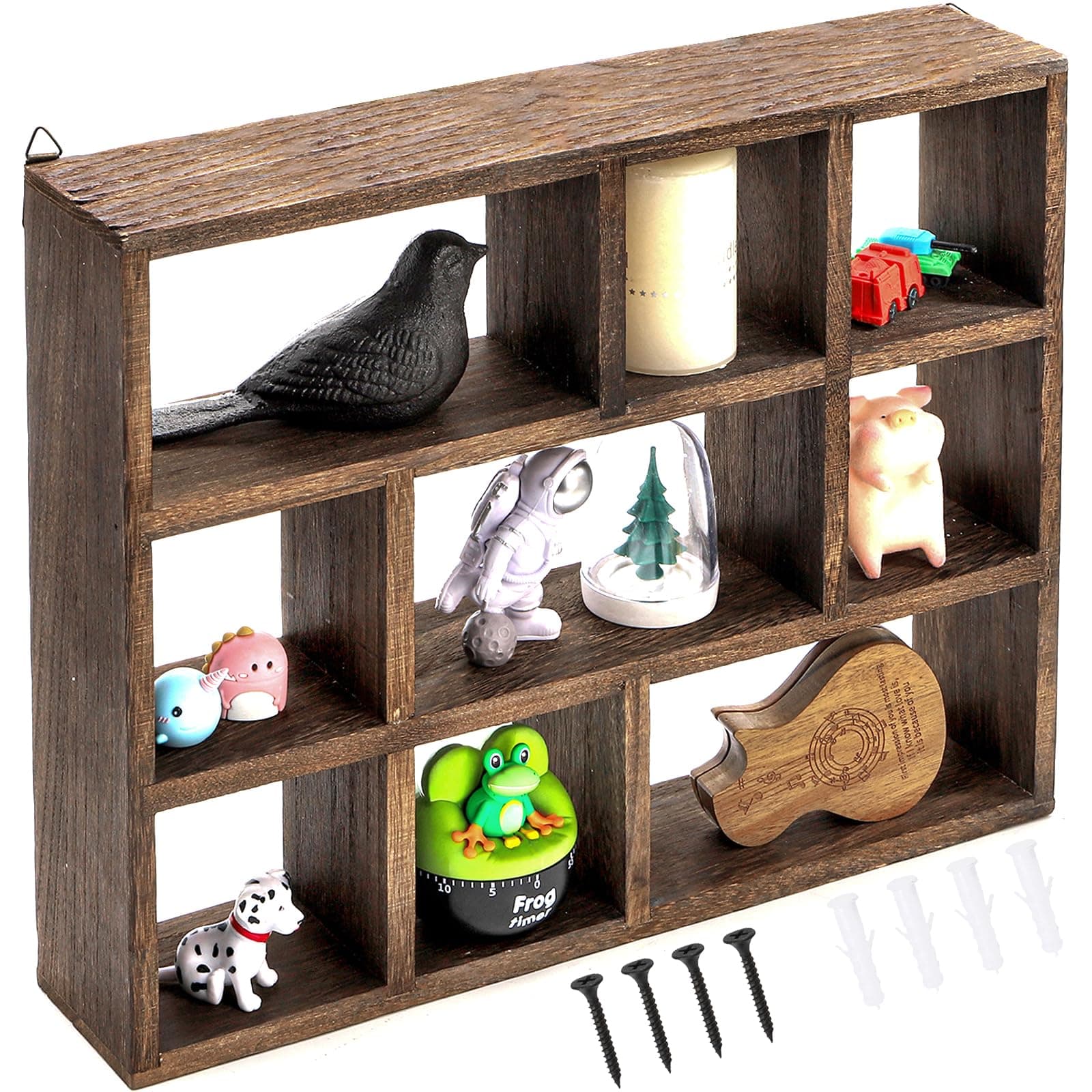 WUWEOT Shadow Box Display Shelf, 15" x 11.8" 9-Slot Rustic Floating Shelves, Wood Finish Wall Mountable/Freestanding Shelf with Screws for Wall Table or Desk