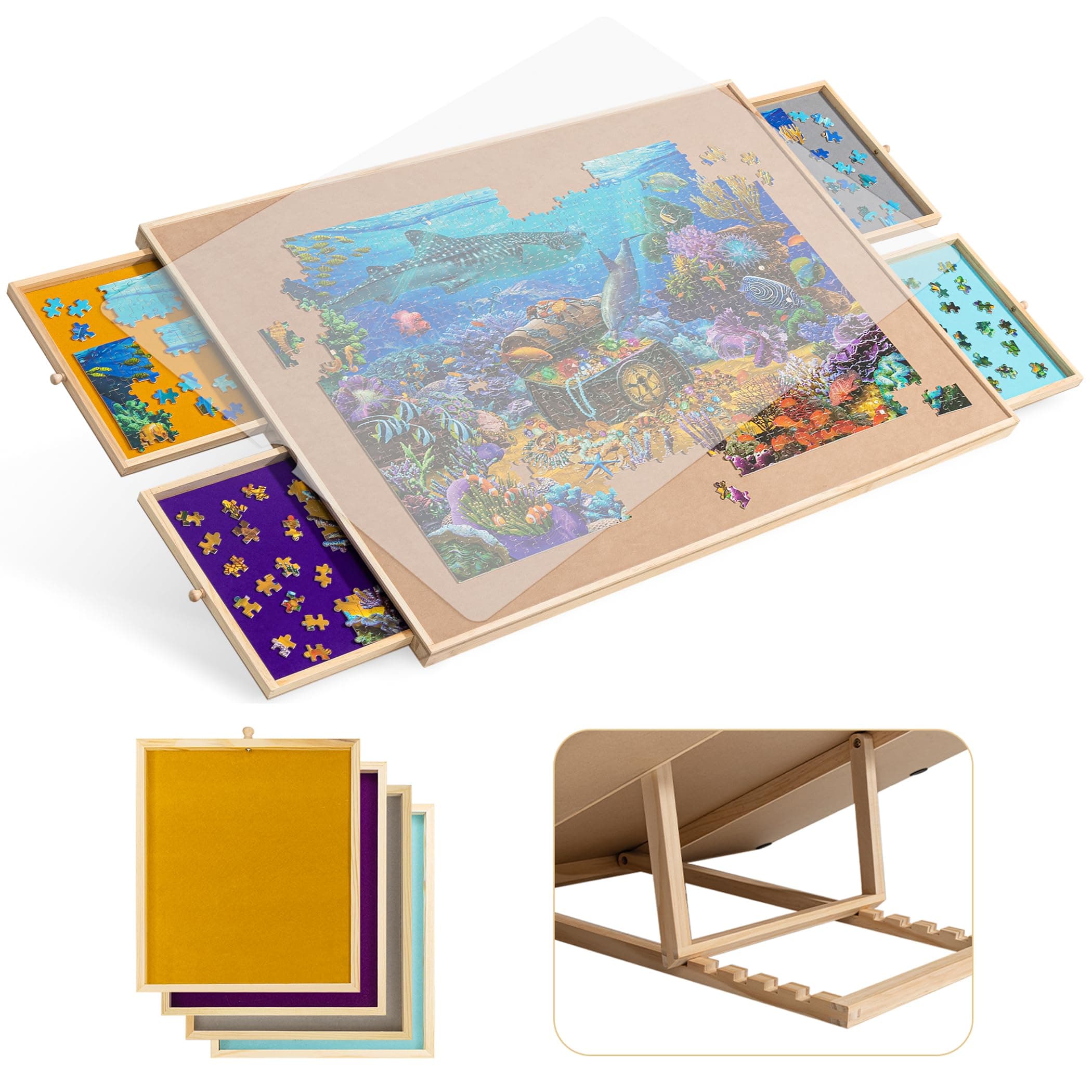 Becko US 1500-Pc Tilting Puzzle Board with 4 Colorful Drawers & Cover, Adjustable Jigsaw Puzzle Table with Built-in Easel/Stand, Portable Tables with Storage for Adults, with Premium Flannel Tabletop